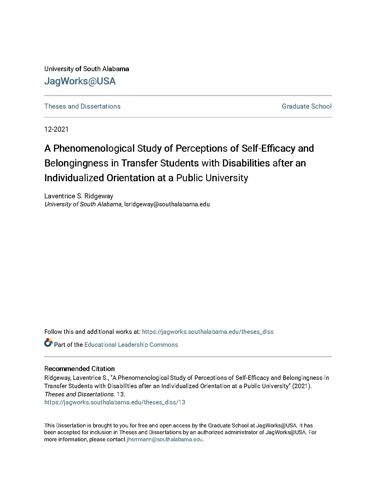 A phenomenological study of perceptions of self efficacy and