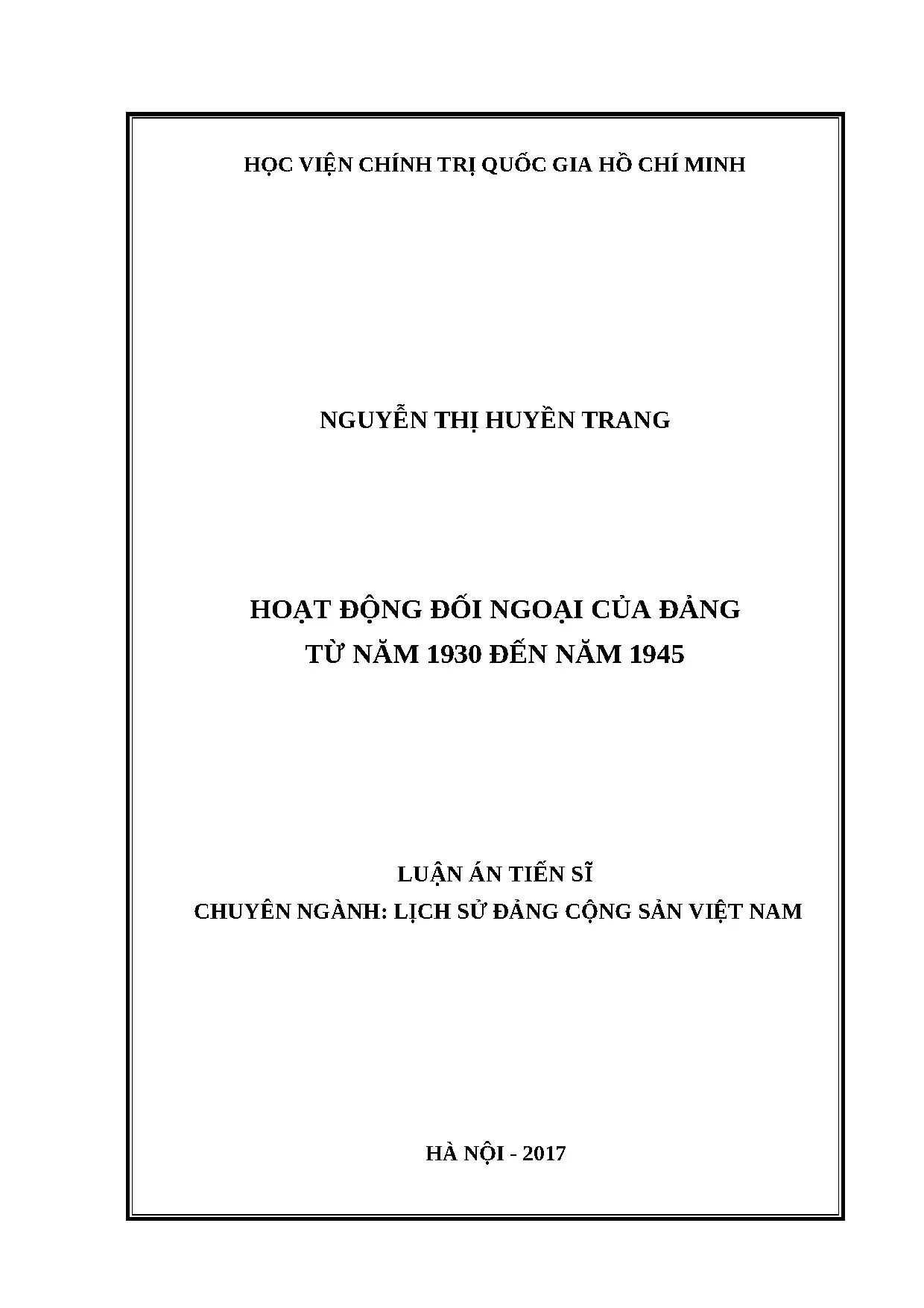Hoạt động đối ngoại Đảng 1930-1945 - Luận án TS Nguyễn Thị Huyền Trang