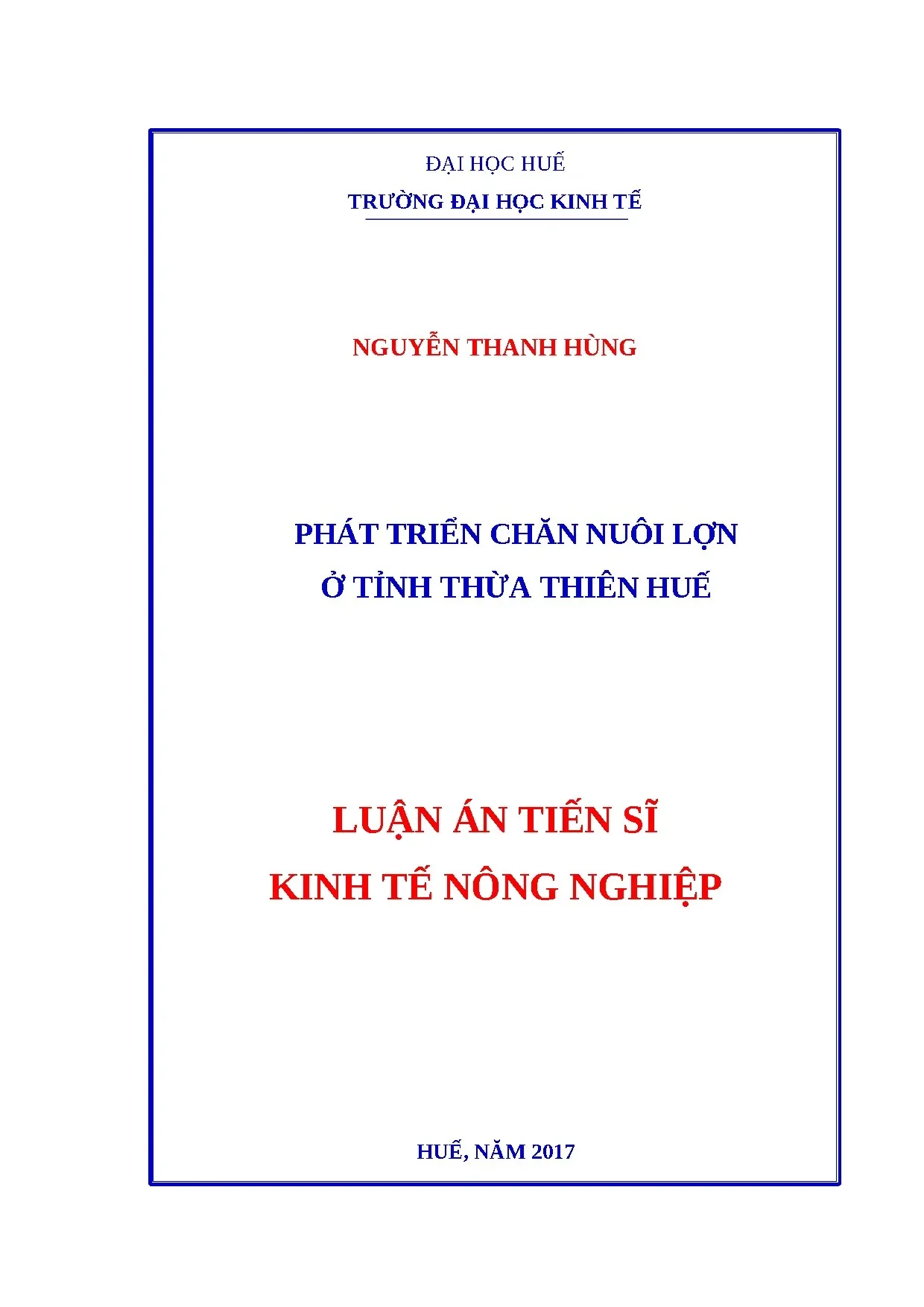 Luận án tiến sỹ phát triển chăn nuôi lợn ở tỉnh thừa thiên h