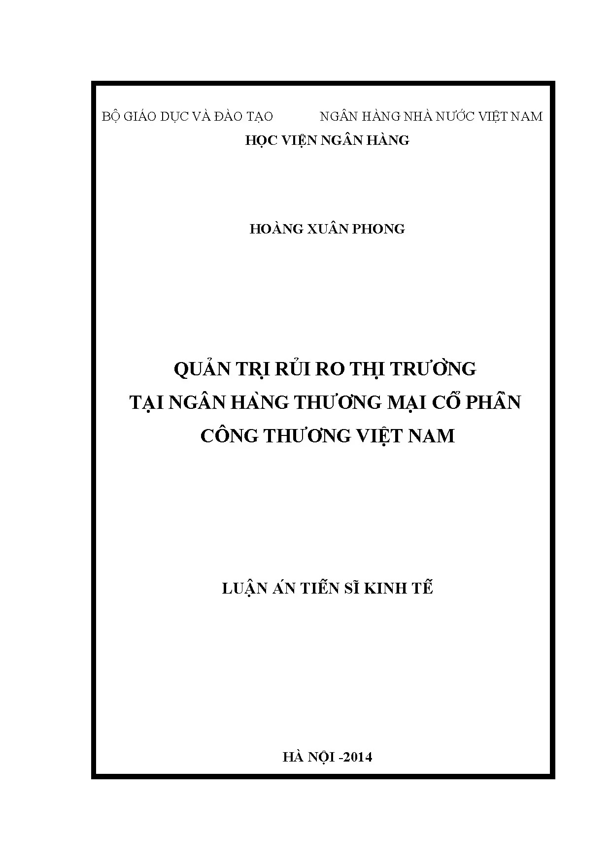 Luận án tiến sĩ kinh tế quản trị rủi ro thị trường tại nhtmc