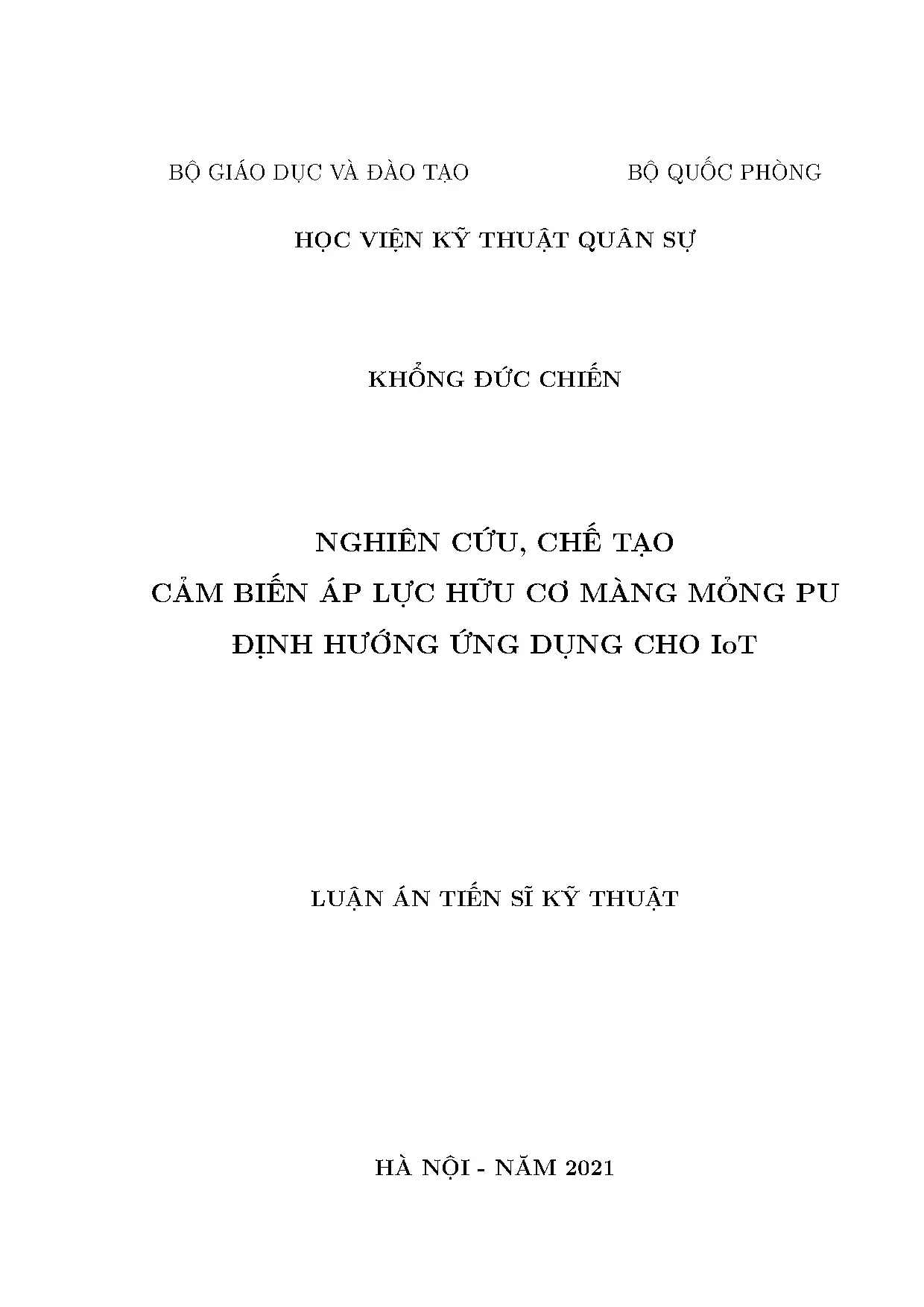 Cảm biến áp lực PU hữu cơ cho IoT: Luận án Tiến sĩ