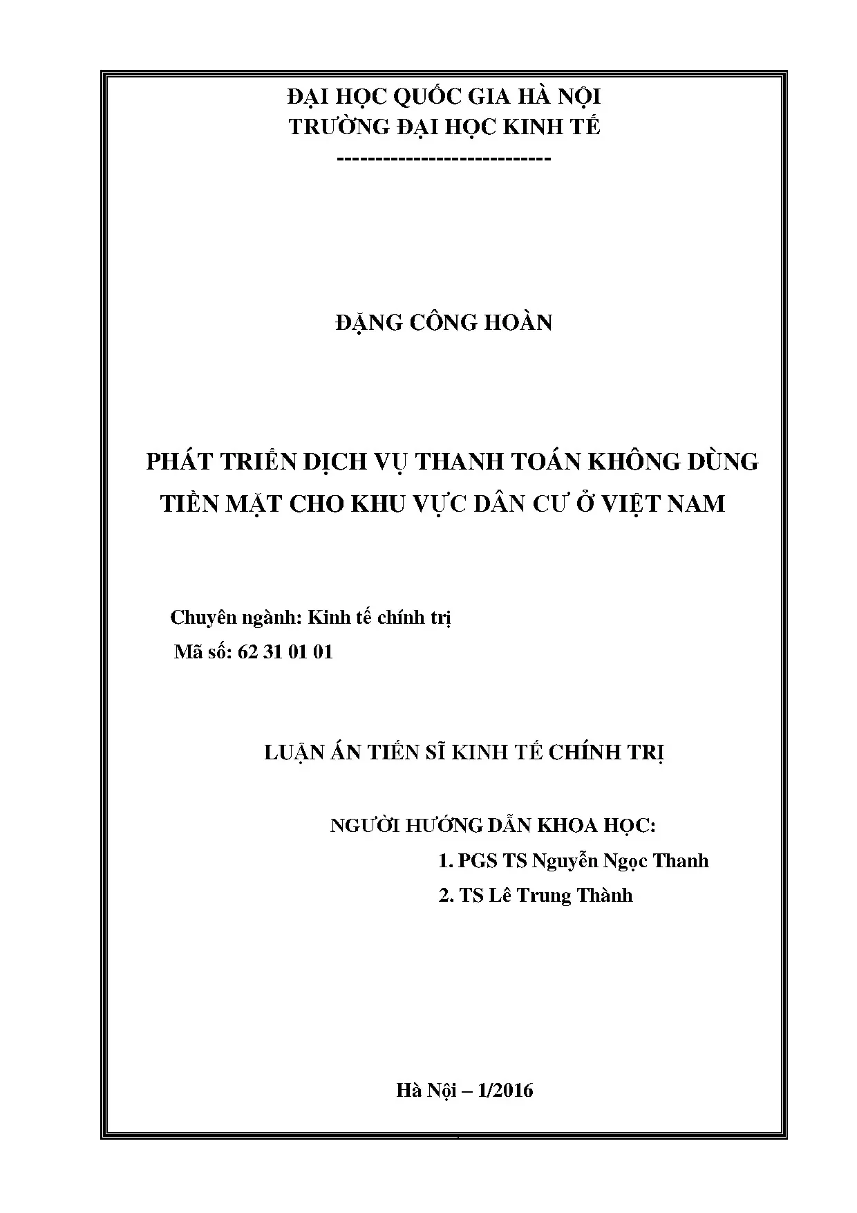 Luận án tiến sĩ phát triển dịch vụ thanh toán không dùng tiề