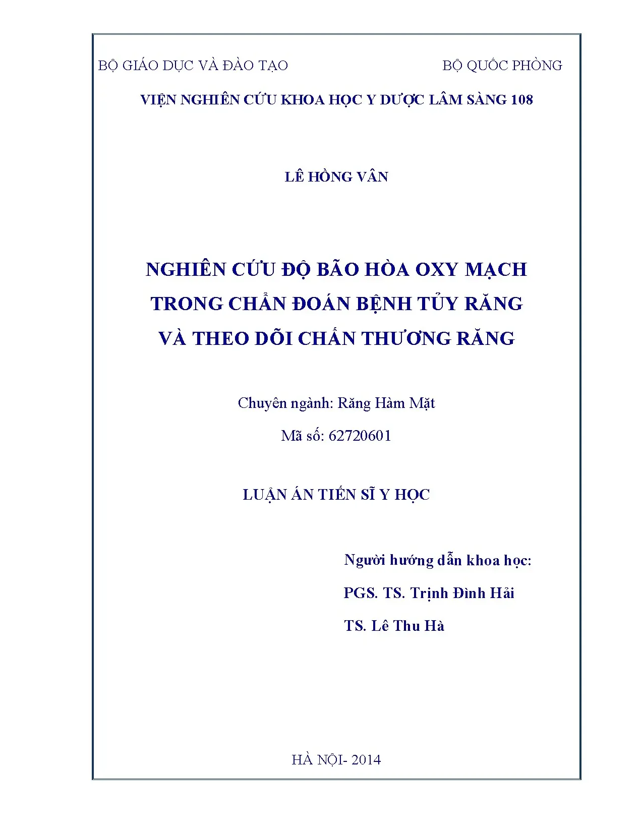 Nghiên cứu độ bão hòa oxy mạch trong chẩn đoán bệnh tủy răng
