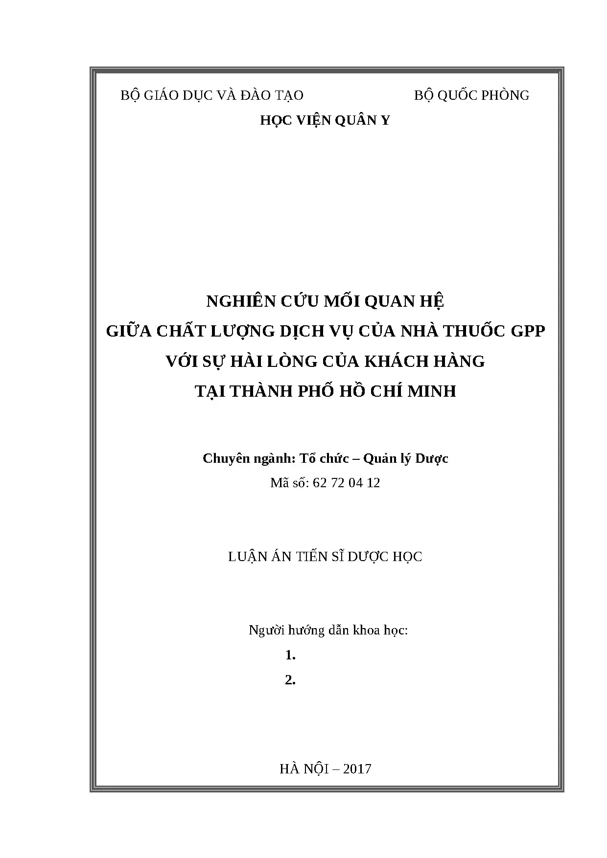 Chất lượng dịch vụ nhà thuốc GPP và sự hài lòng khách hàng TP.HCM
