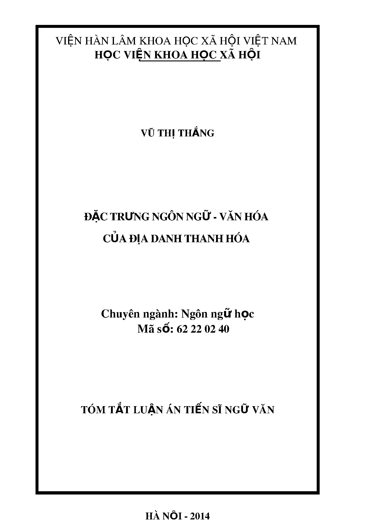 Đặc trưng Ngôn ngữ - Văn hóa Địa danh Thanh Hóa (Luận án TS)