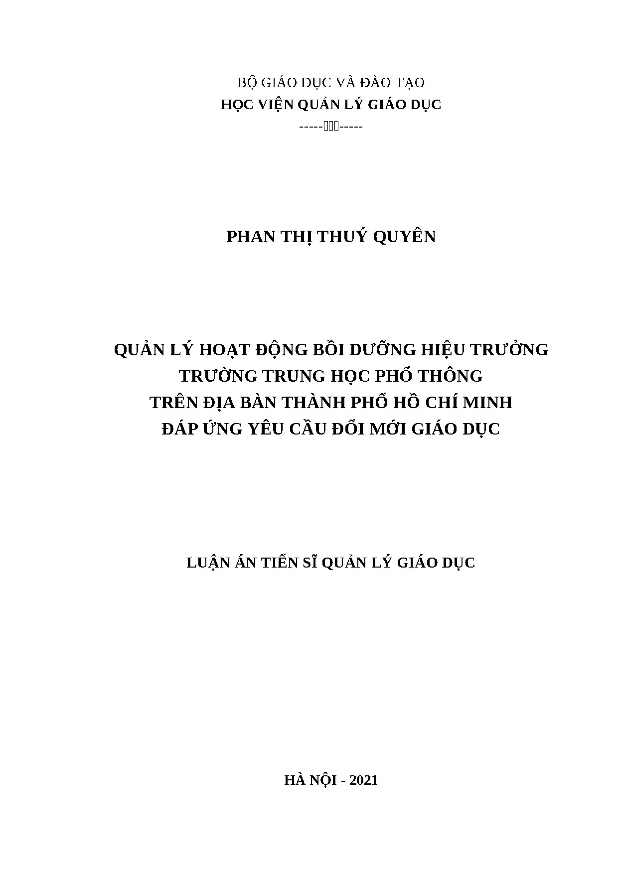 Luận án tiến sĩ quản lý hoạt động bồi dưỡng hiệu trưởng trườ
