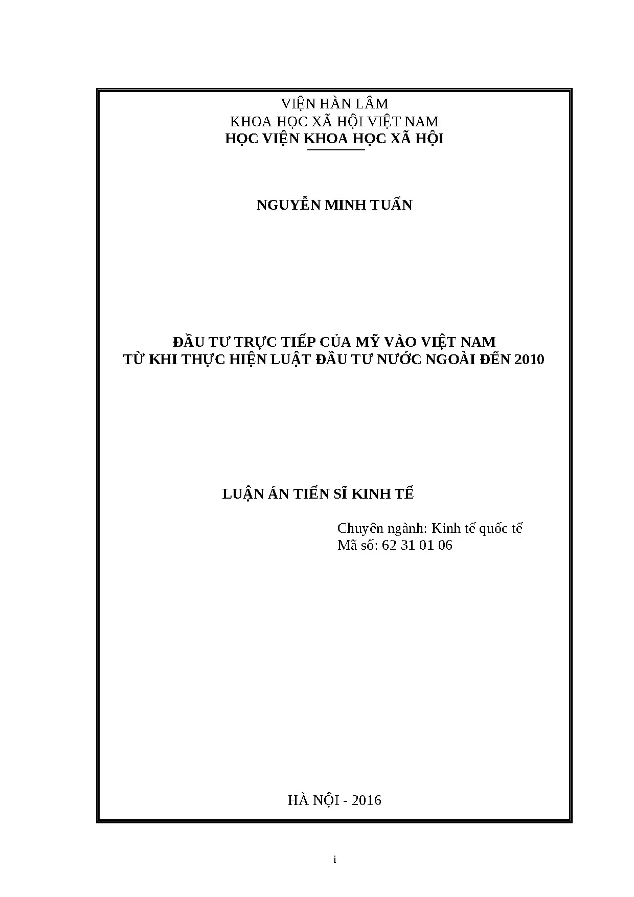 Đầu tư trực tiếp Mỹ vào Việt Nam 1988-2010: Luận án Tiến sĩ