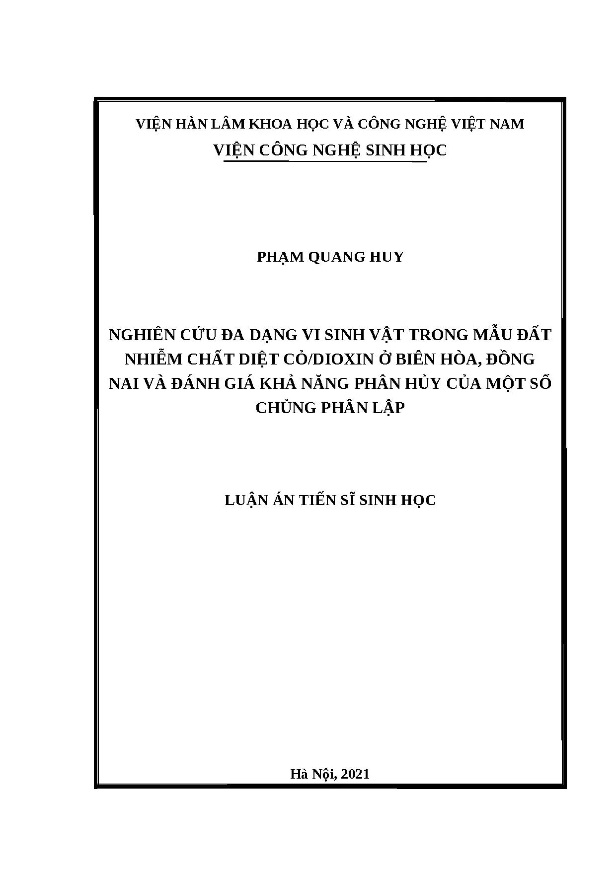 Đa dạng vi sinh vật đất nhiễm dioxin Biên Hòa và khả năng phân hủy