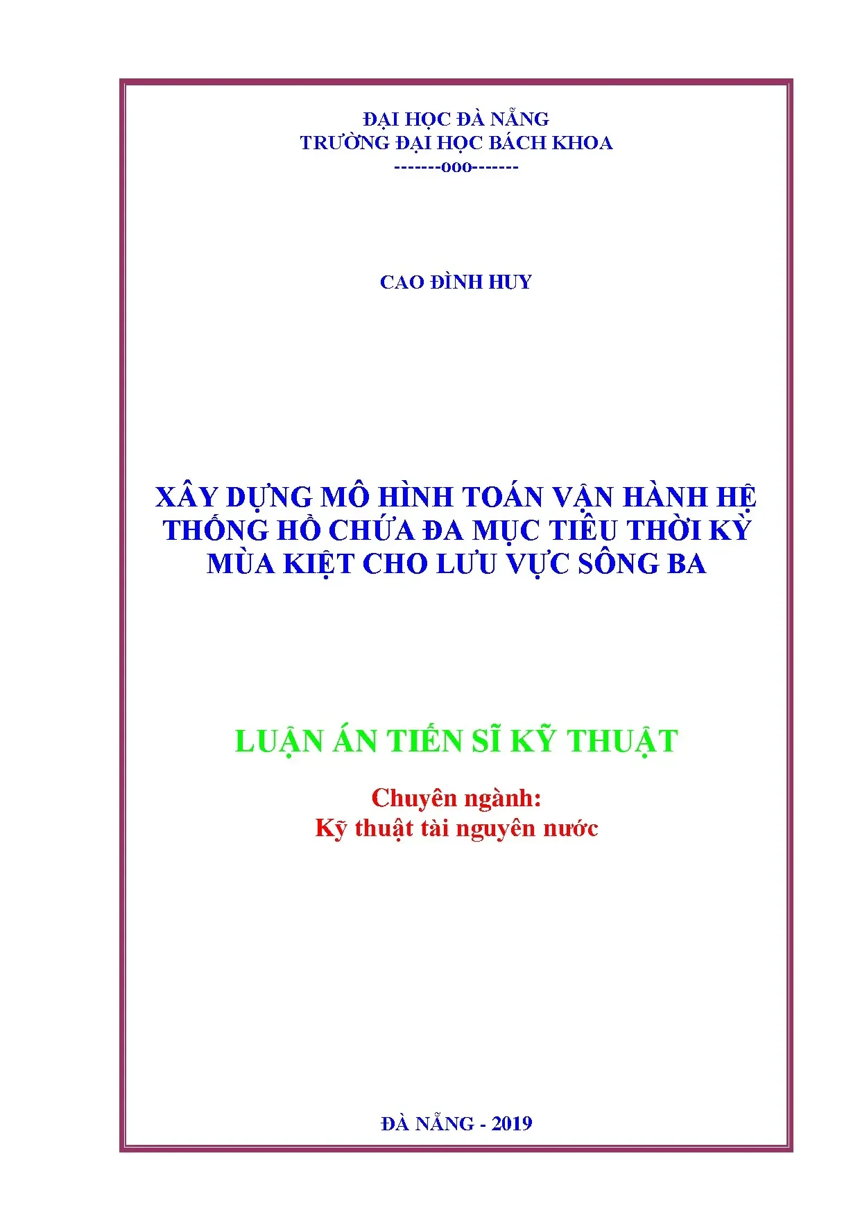 Mô hình toán vận hành hồ chứa mùa kiệt sông Ba