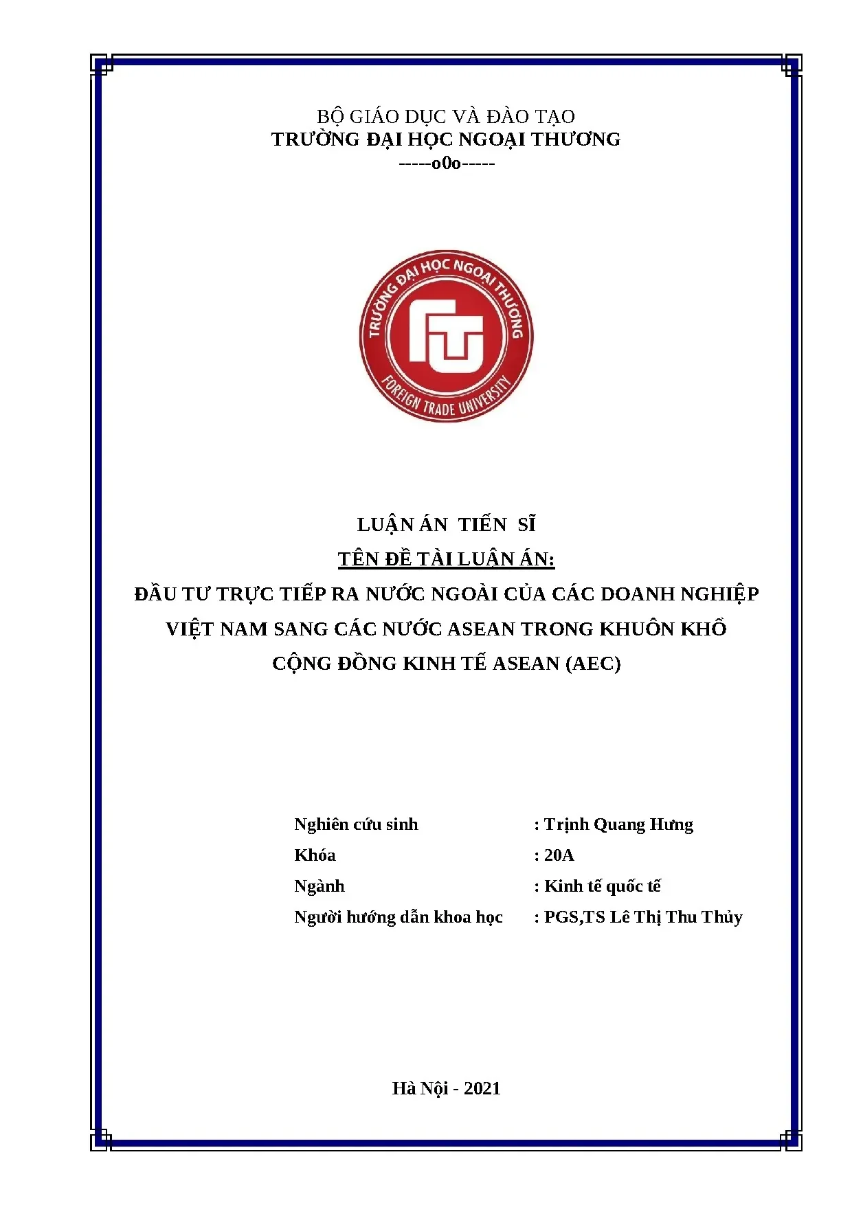 Luận án tiến sĩ file word đầu tư trực tiếp ra nước ngoài của