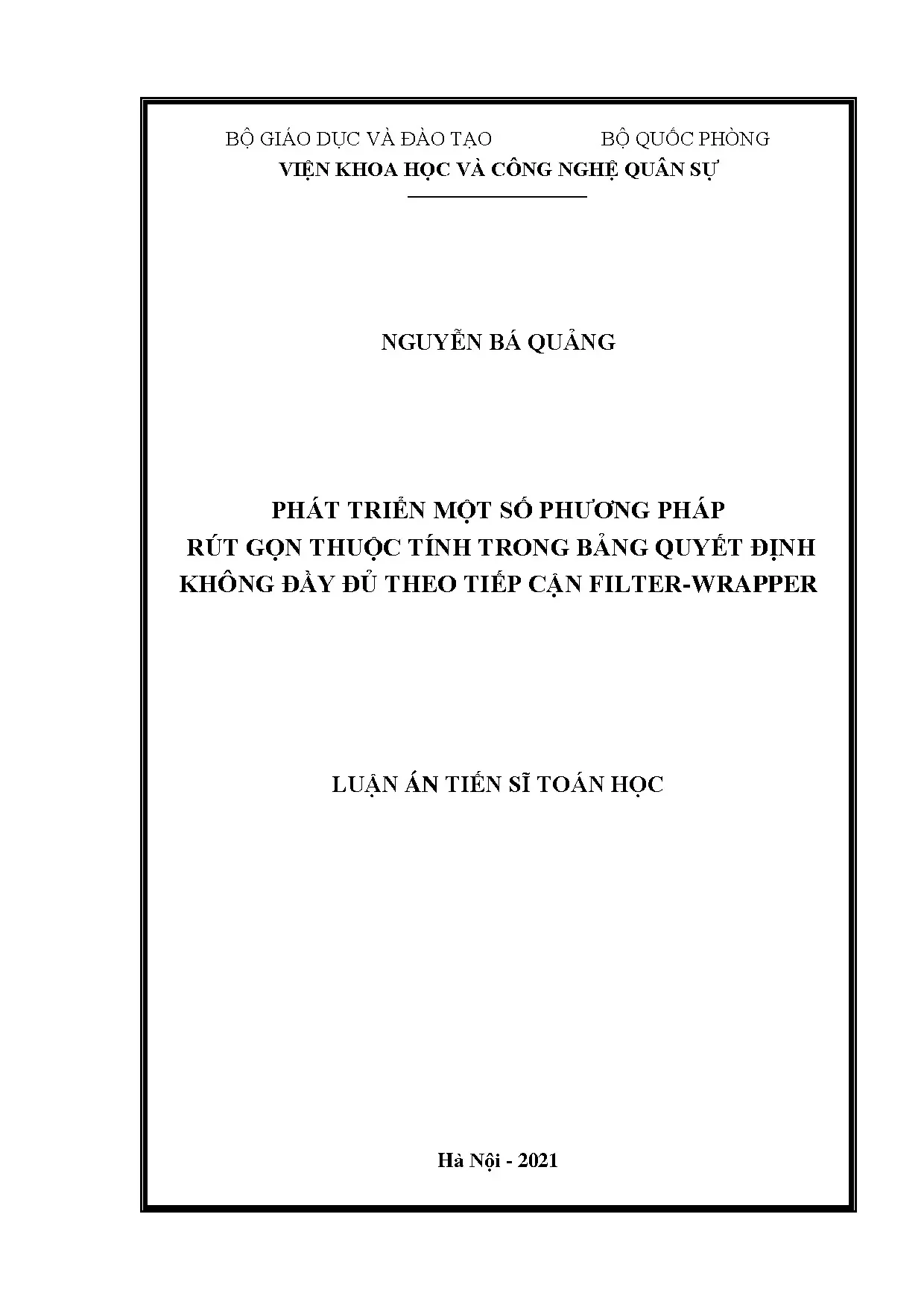 Rút gọn thuộc tính bảng quyết định không đầy đủ - Luận án TS