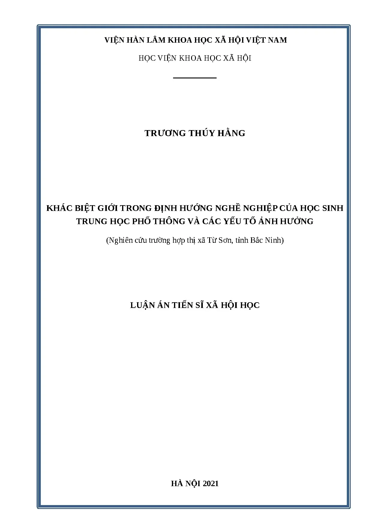 Luận án tiến sĩ xã hội học khác biệt giới trong định hướng n
