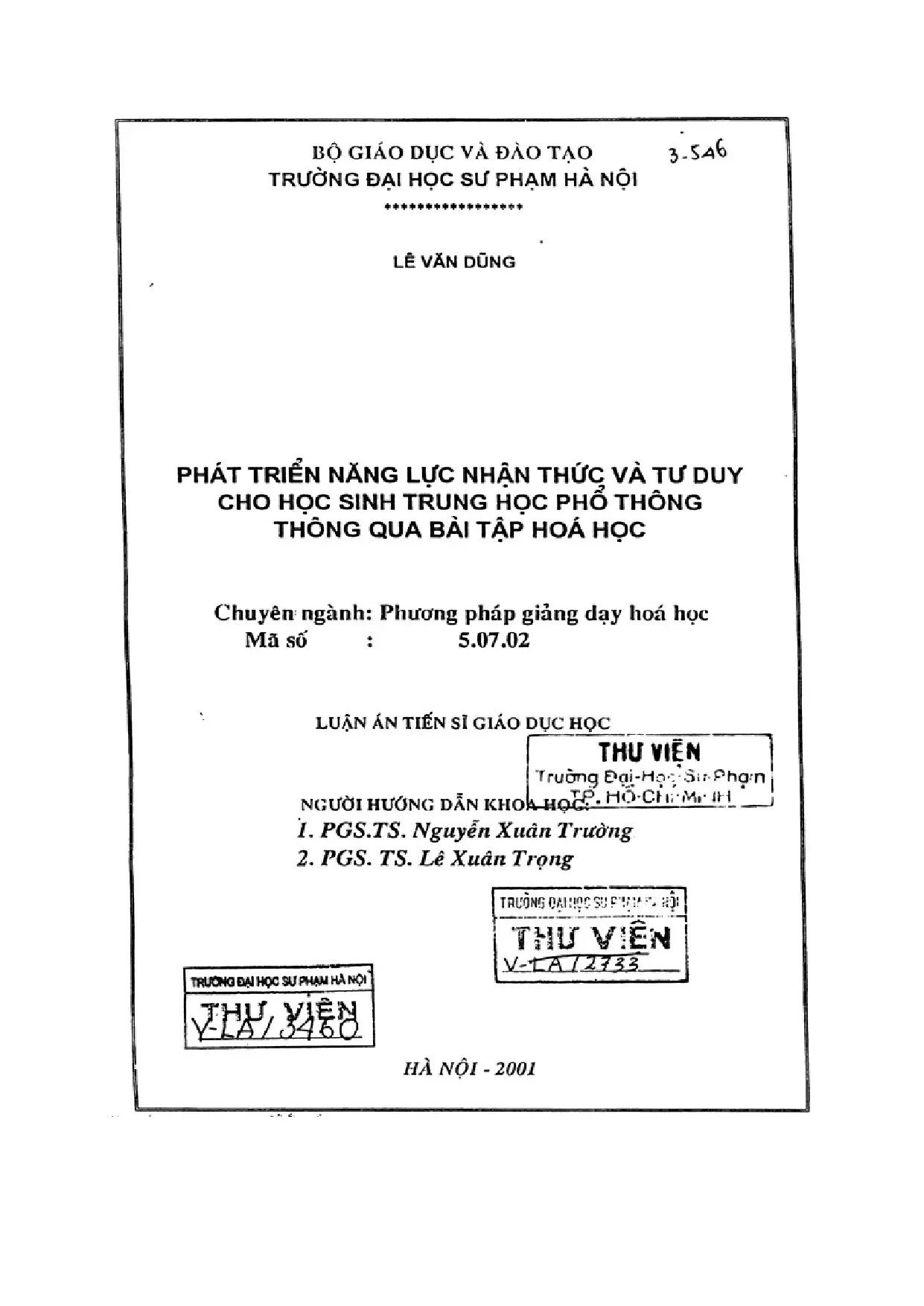 Luận án tiến sĩ giáo dục học phát triển năng lực nhận thức v