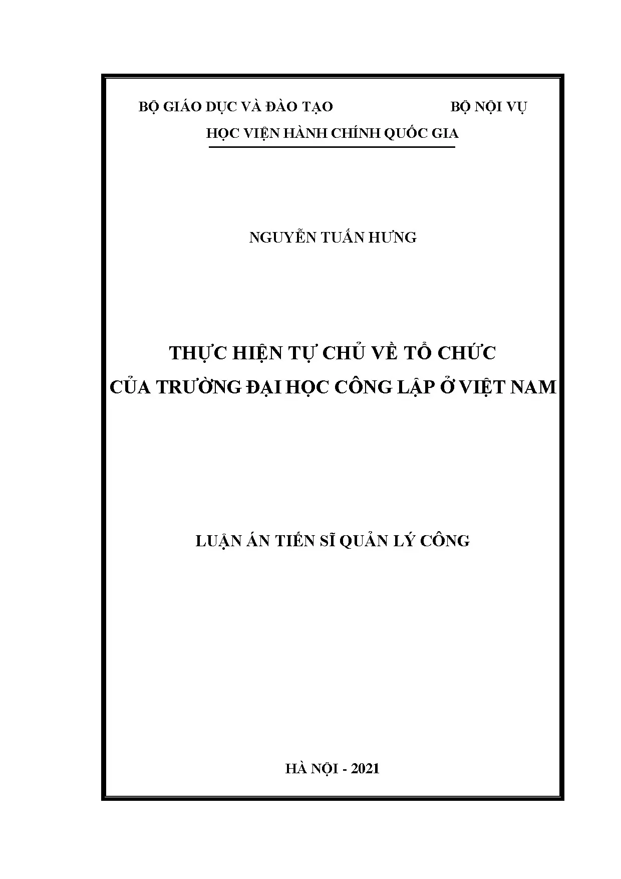 Luận án thực hiện tự chủ về tổ chức của trường đại học công