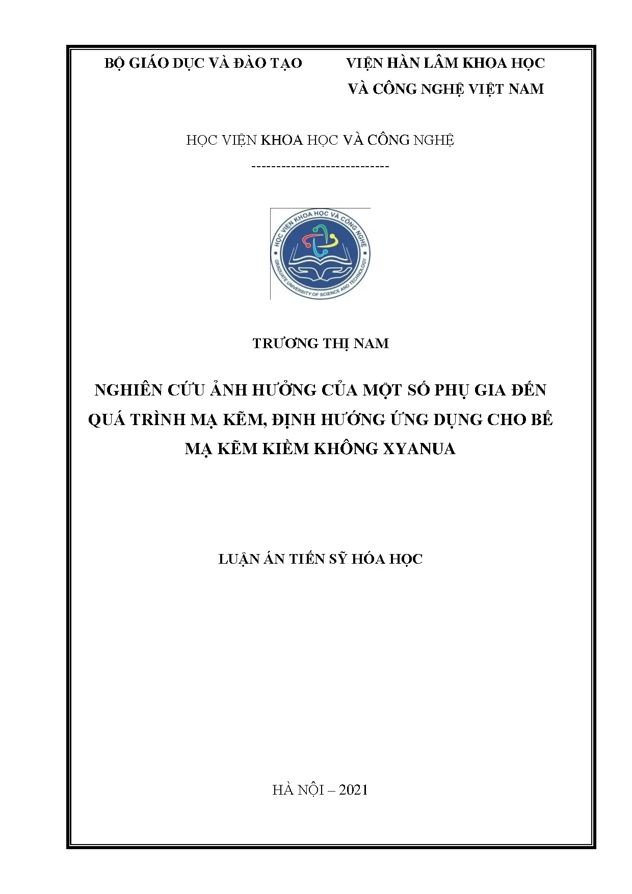 Phụ gia mạ kẽm kiềm không xyanua - Luận án Tiến sĩ