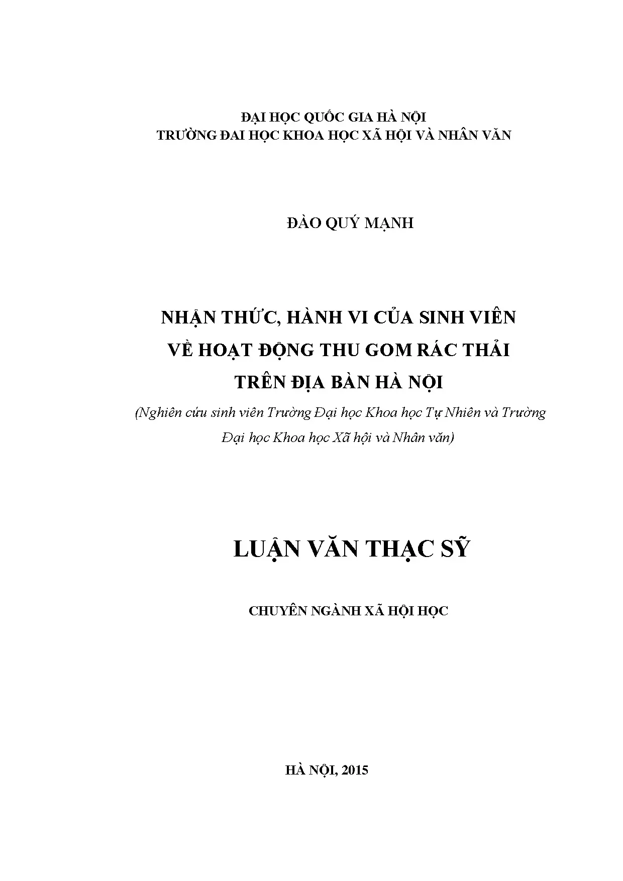 Nhận thức hành vi của sinh viên về hoạt động thu gom rác thả