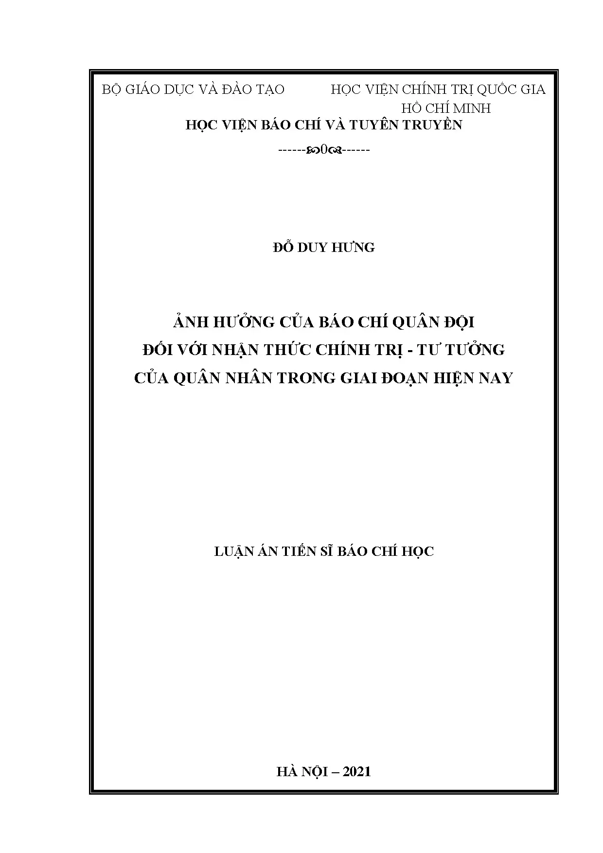 Luận án tiến sĩ ảnh hưởng của báo chí quân đội đối với nhận