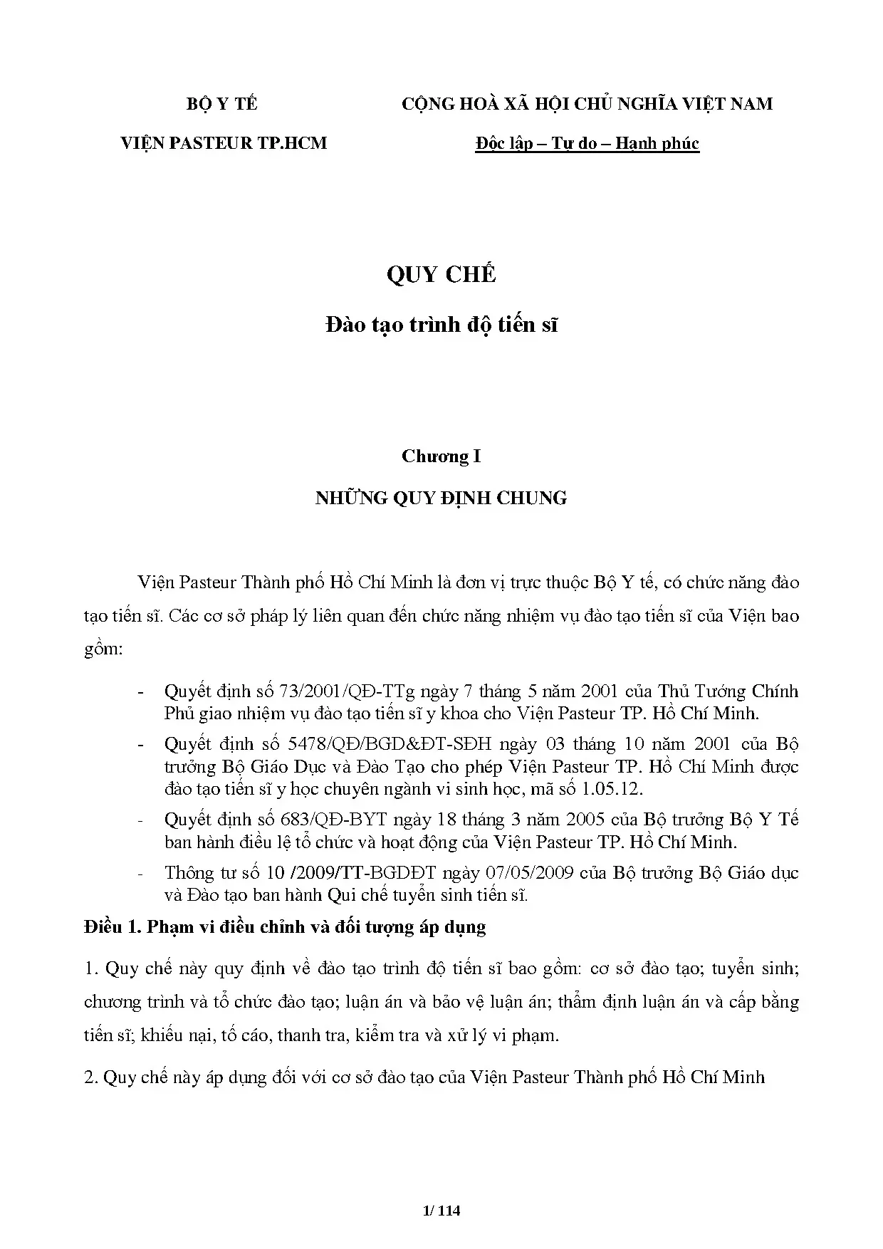 Quy chế đào tạo Tiến sĩ Viện Pasteur TP.HCM 2010