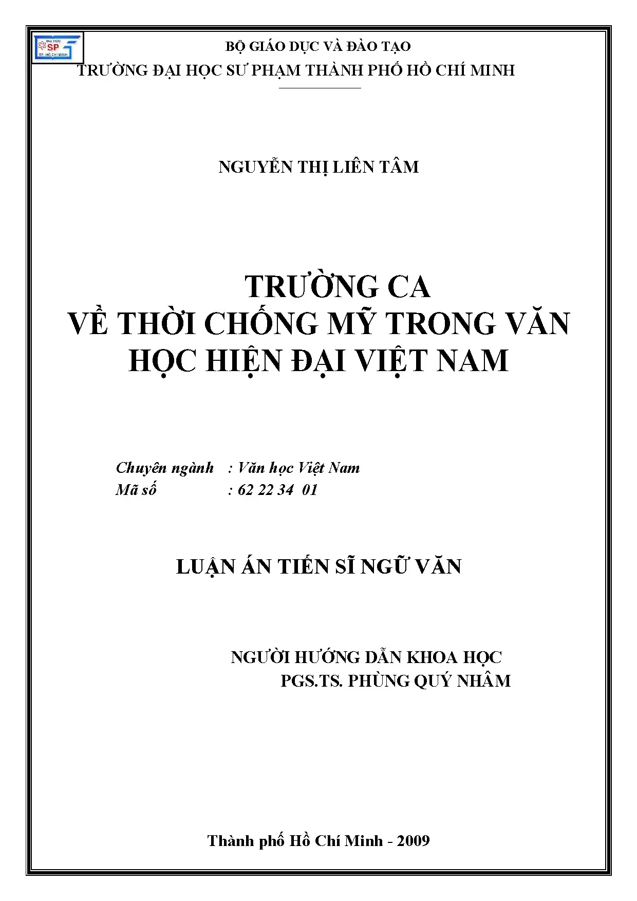 Luận án tiến sĩ ngữ văn trường ca về thời chống mỹ trong văn
