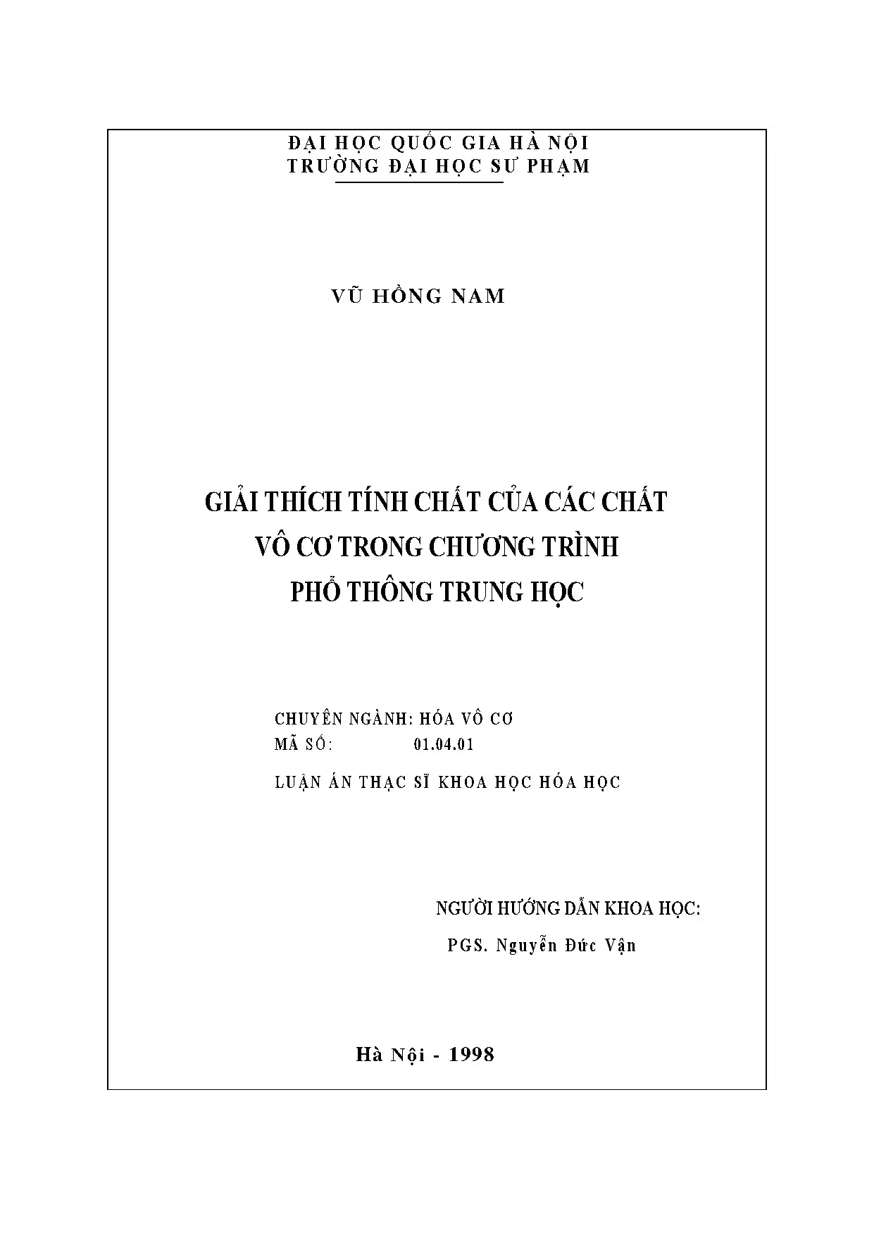 Giải thích tính chất hóa học vô cơ THPT - Luận văn Thạc sĩ