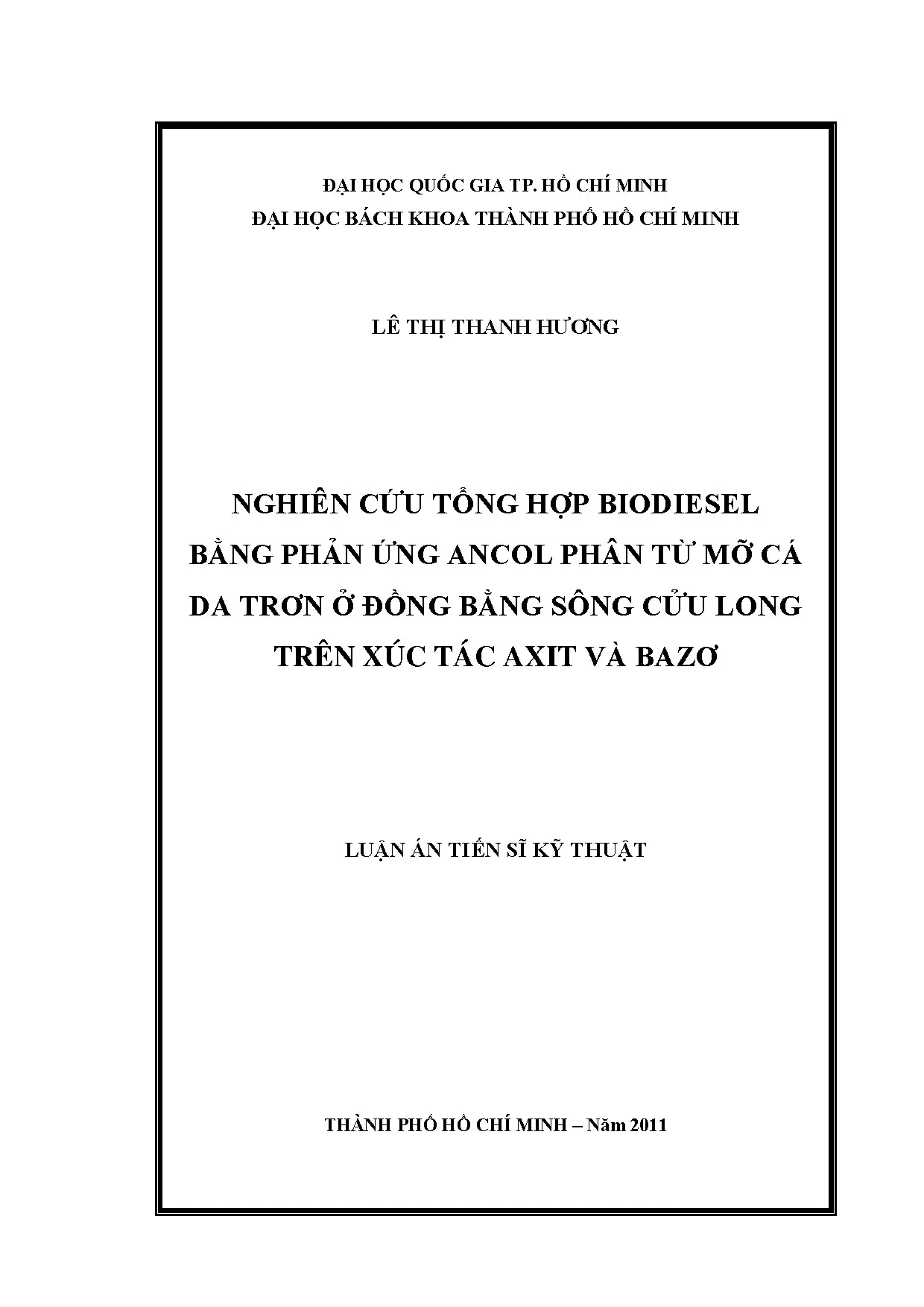 Tổng hợp Biodiesel từ Mỡ Cá Da Trơn (ĐBSCL)