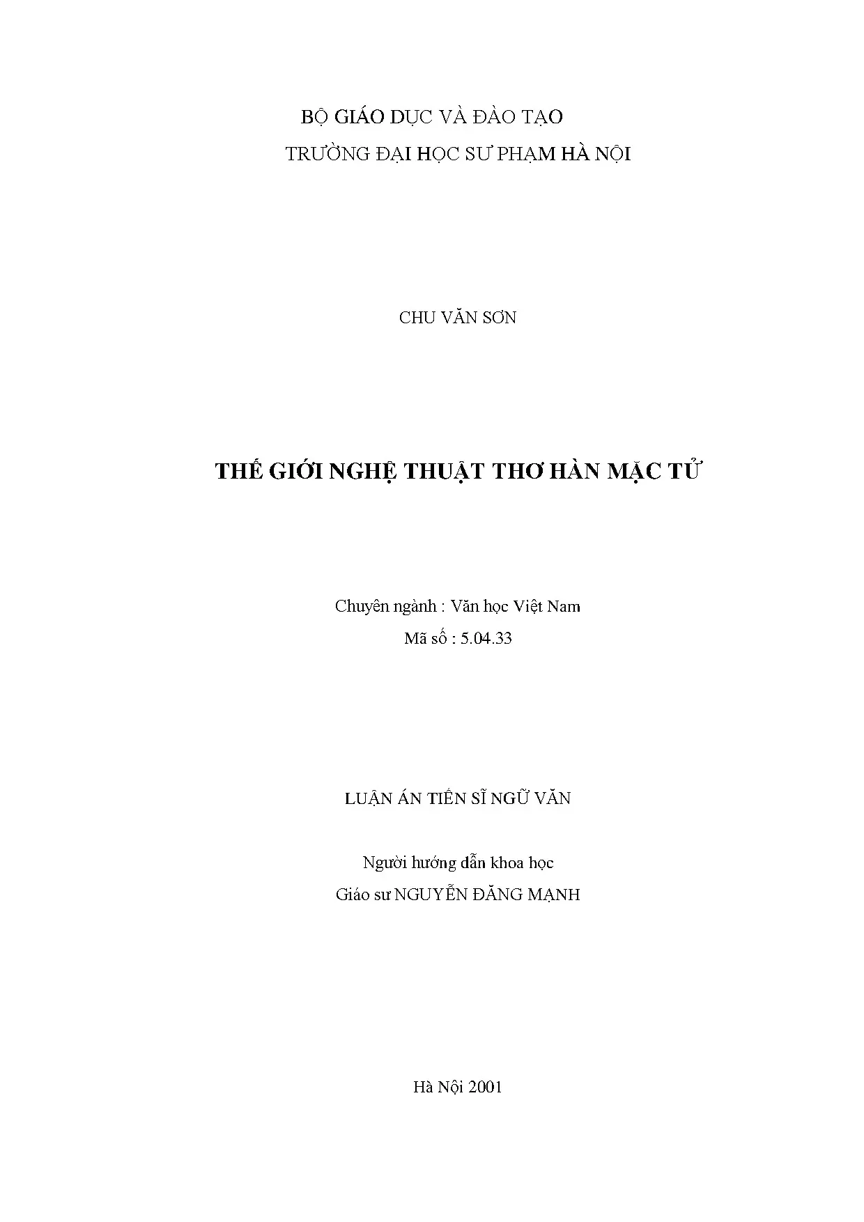 Thế giới nghệ thuật thơ Hàn Mặc Tử - Luận án TS