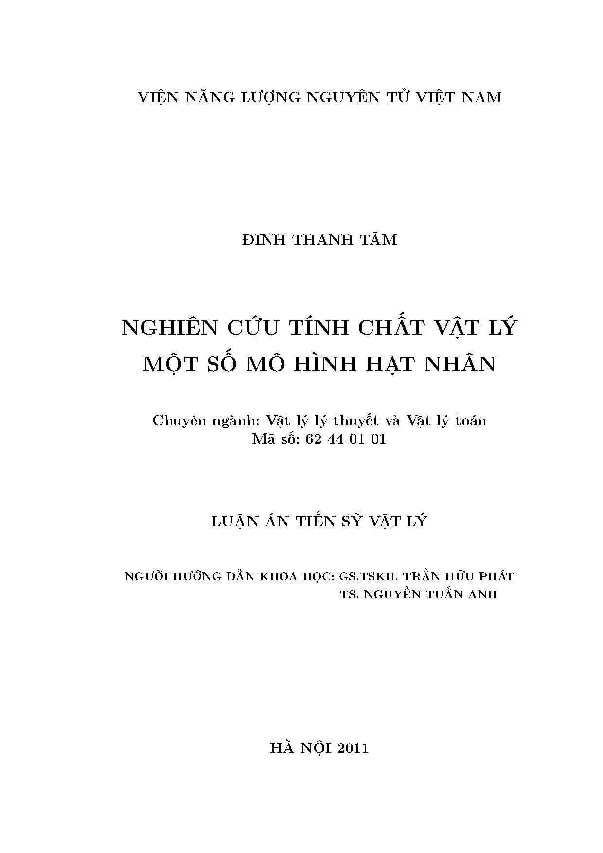 Luận án tiến sĩ nghiên cứu tính chất vật lý một số mô hình h
