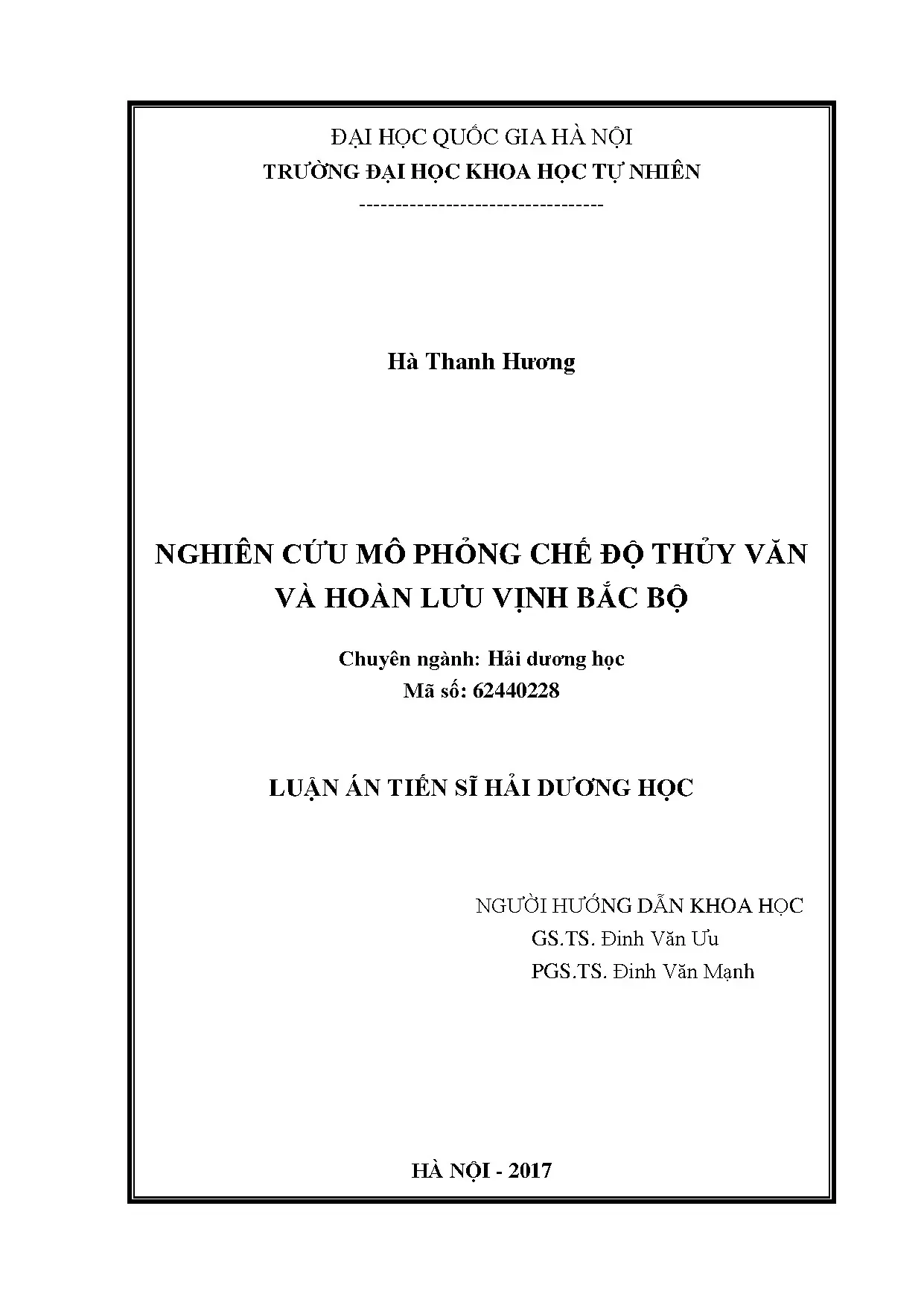 Luận án tiến sỹ hải dương học nghiên cứu mô phỏng chế độ thủ