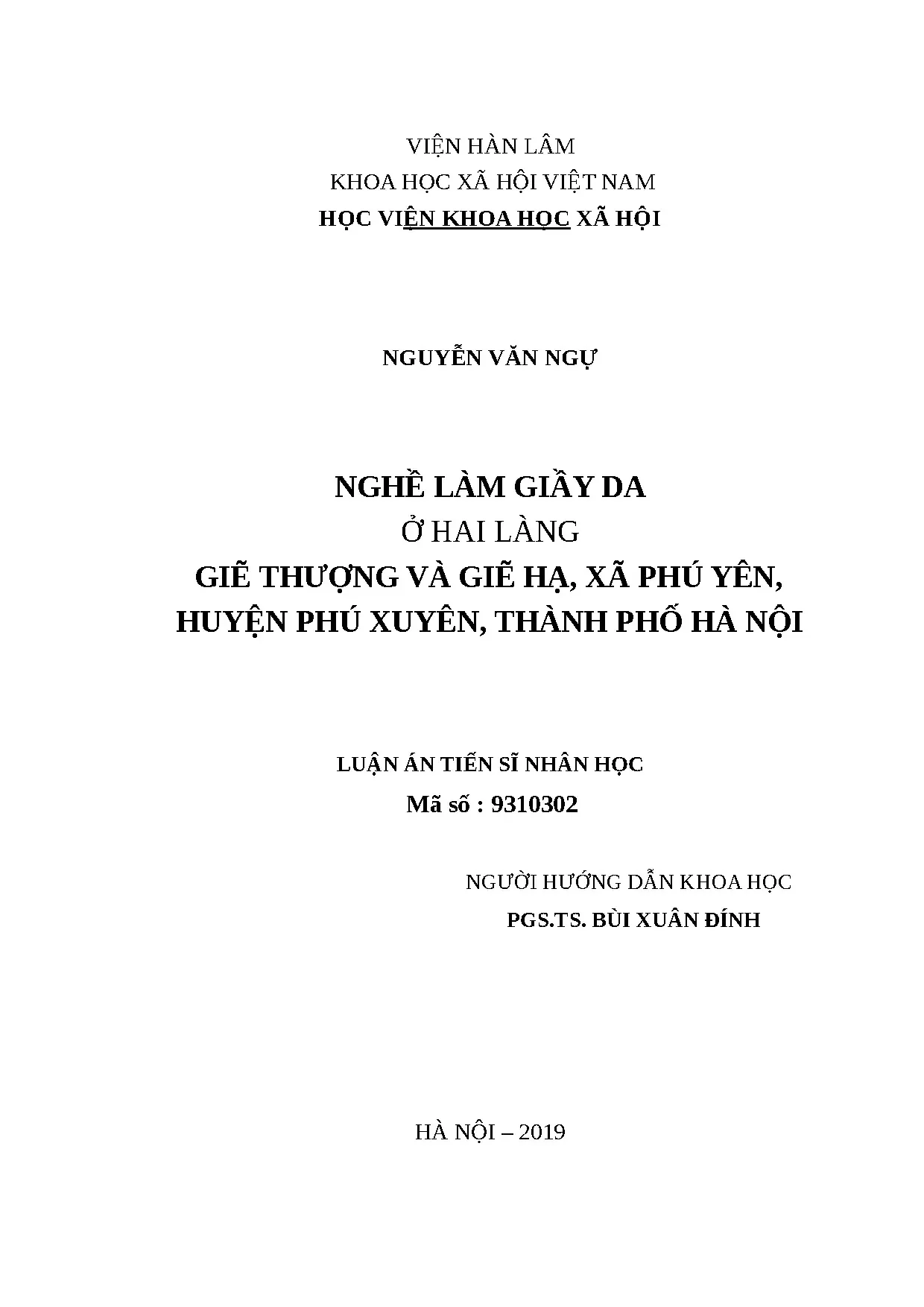 Nghề làm giày da Giẽ Thượng, Giẽ Hạ: Luận án Tiến sĩ Nhân học