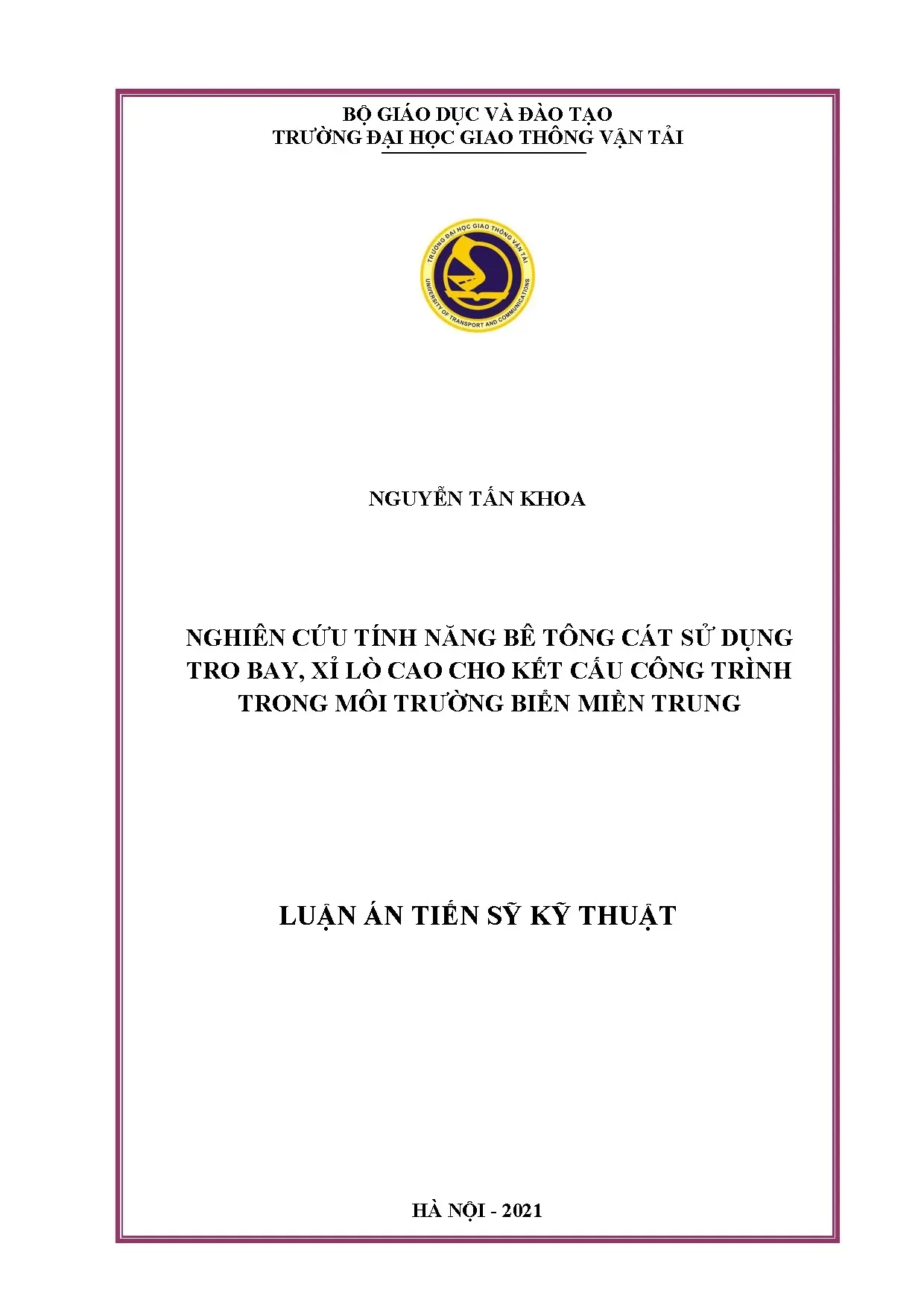 Luận án tiến sĩ nghiên cứu tính năng bê tông cát sử dụng tro