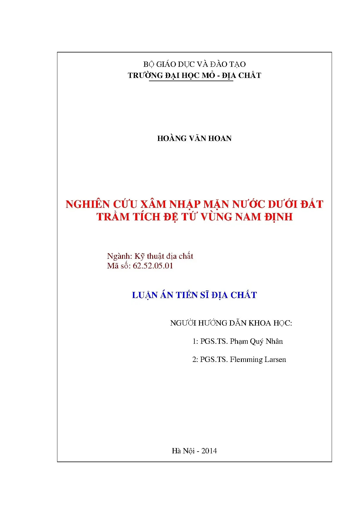 Nghiên cứu xâm nhập mặn nước dưới đất trầm tích đệ tứ vùng n