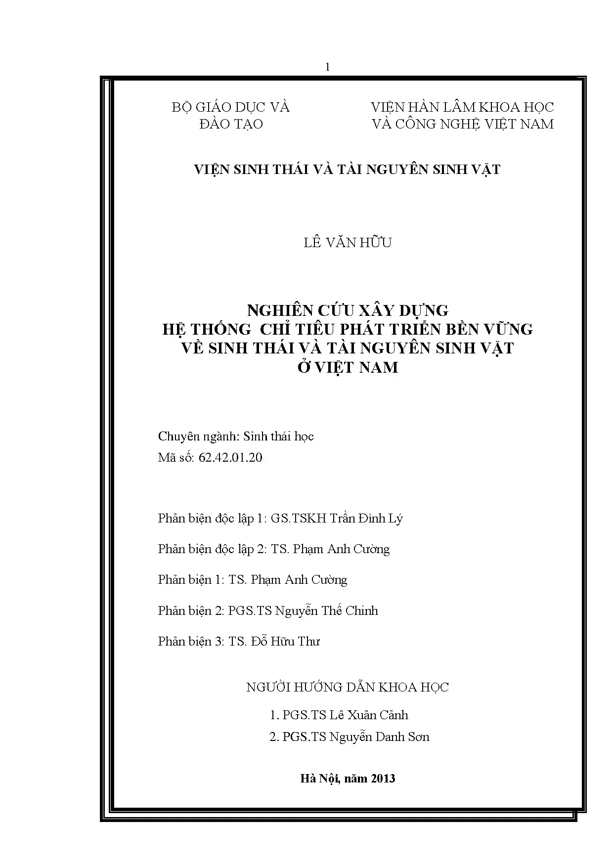 Chỉ tiêu PTBV Sinh thái & Tài nguyên Sinh vật Việt Nam