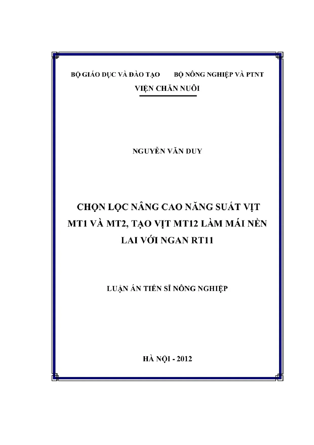 Chọn lọc nâng cao năng suất vịt mt1 và mt22 tạo vịt mt12 làm