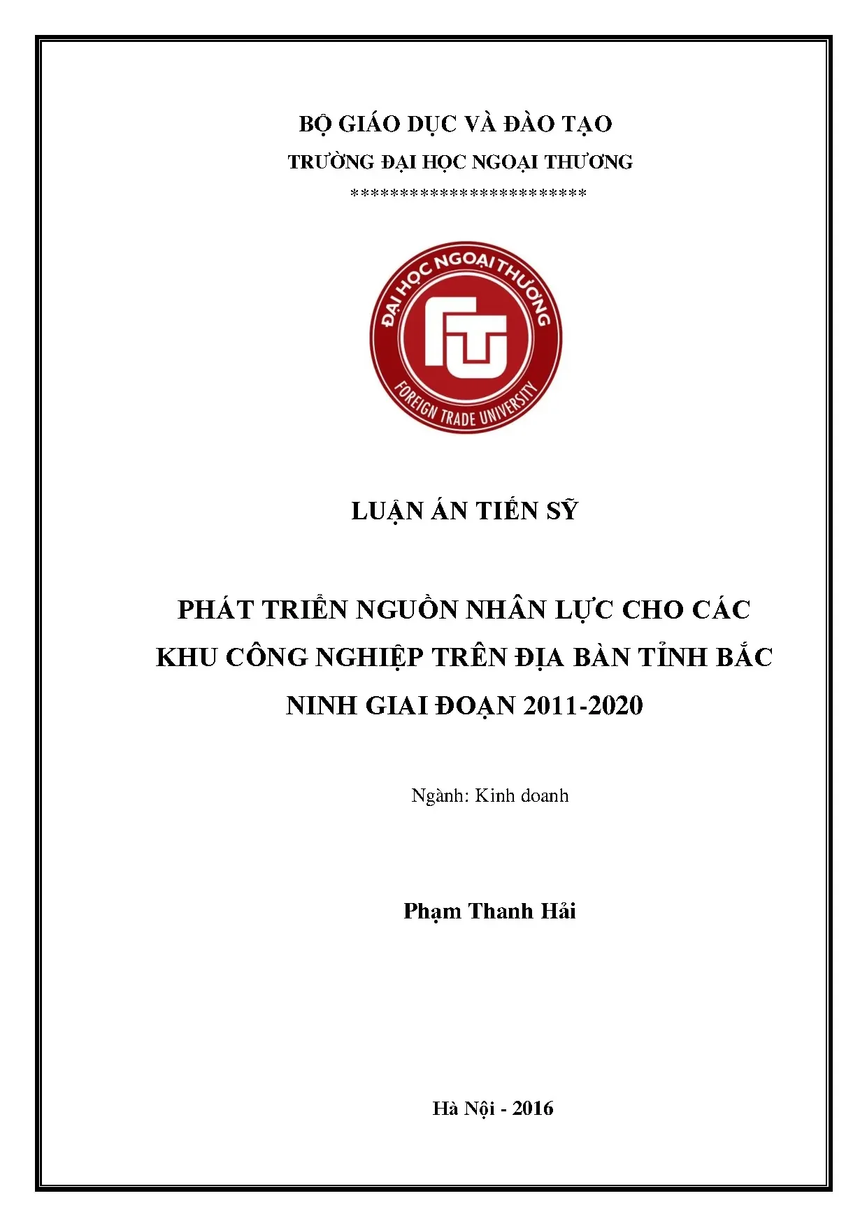 Luận án tiến sỹ phát triển nguồn nhân lực cho các khu công n