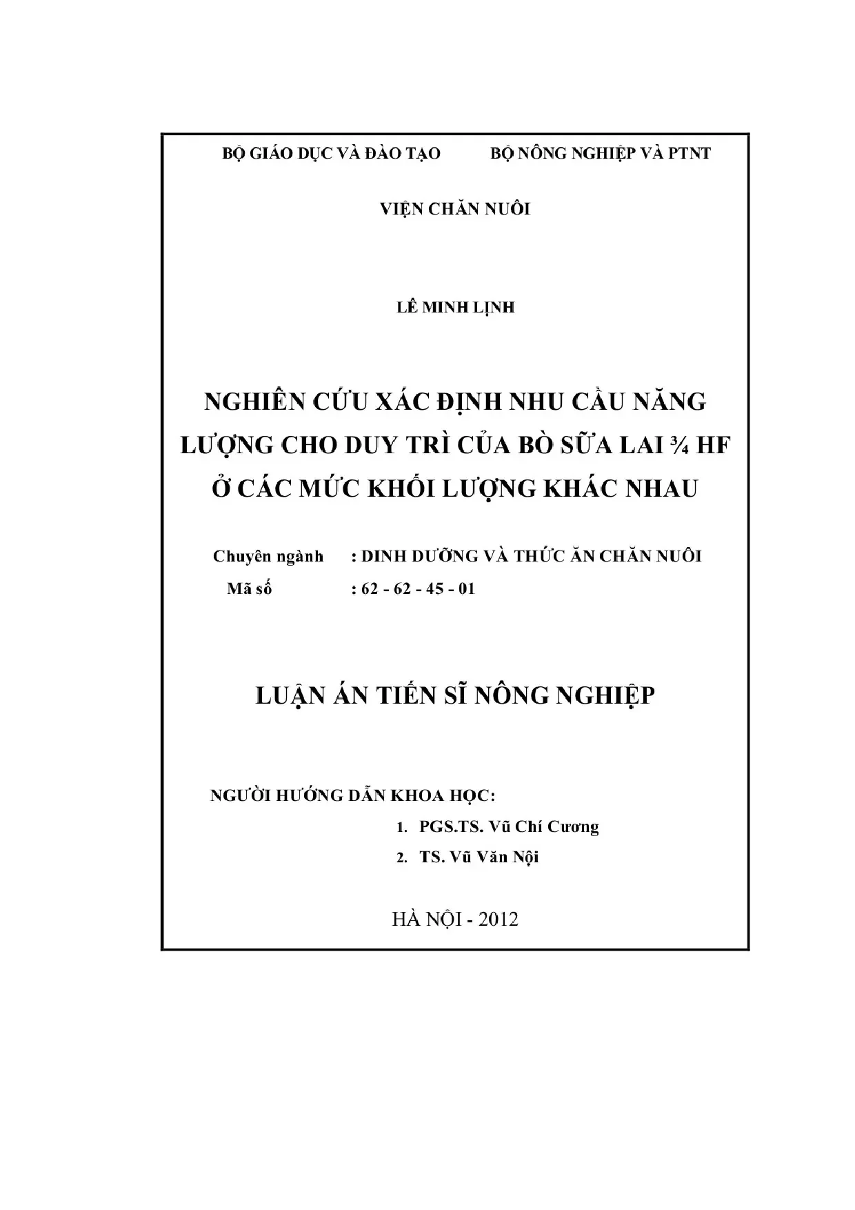 Nghiên cứu xác định nhu cầu năng lượng cho duy trì của bò sữ