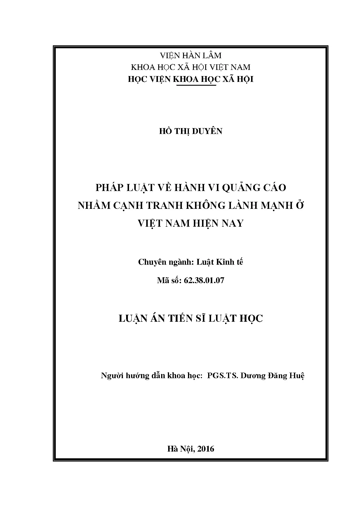 Luận án tiến sĩ pháp luật về hành vi quảng cáo nhằm cạnh tra