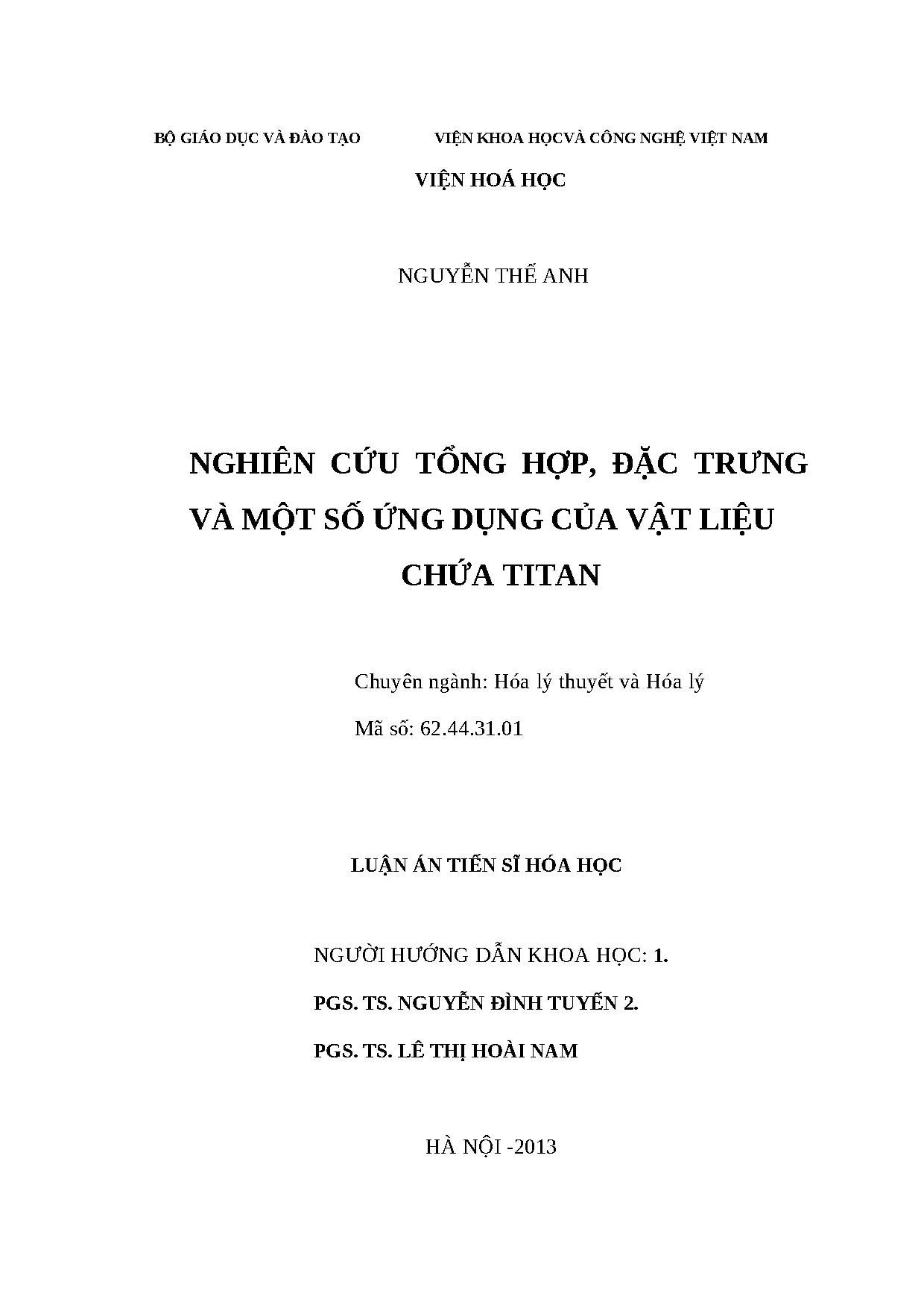 Tổng hợp, đặc trưng và ứng dụng vật liệu chứa Titan