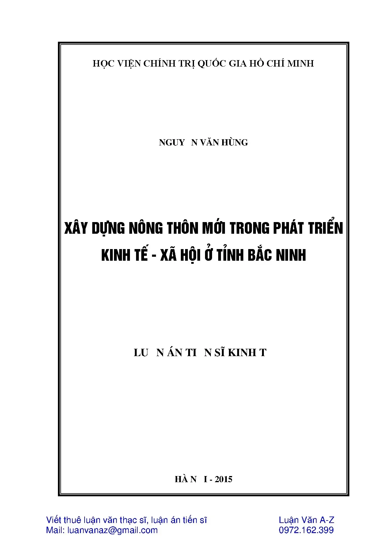 Xây dựng nông thôn mới ở Bắc Ninh: Luận án Tiến sĩ Kinh tế