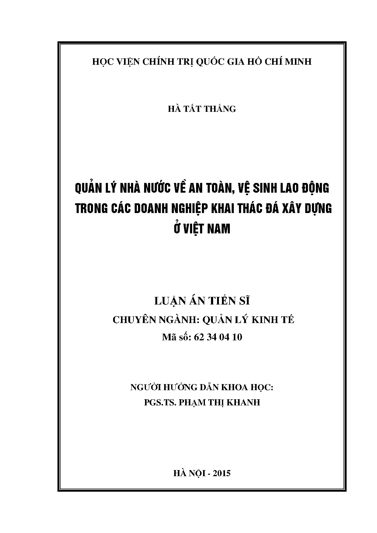 Luận án tiến sĩ kinh tế quản lý nhà nước về an toàn vệ sinh