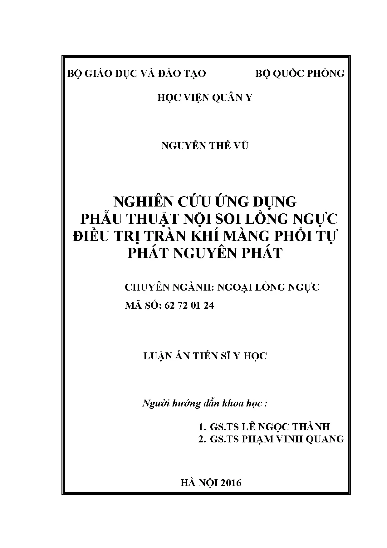 Nghiên cứu ứng dụng phẫu thuật nội soi lồng ngực điều trị tràn khí màng phổi tự phát nguyên phát