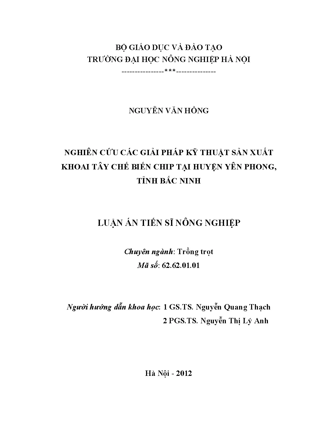 Nghiên cứu các giải pháp kỹ thuật sản xuất khoai tây chế biế