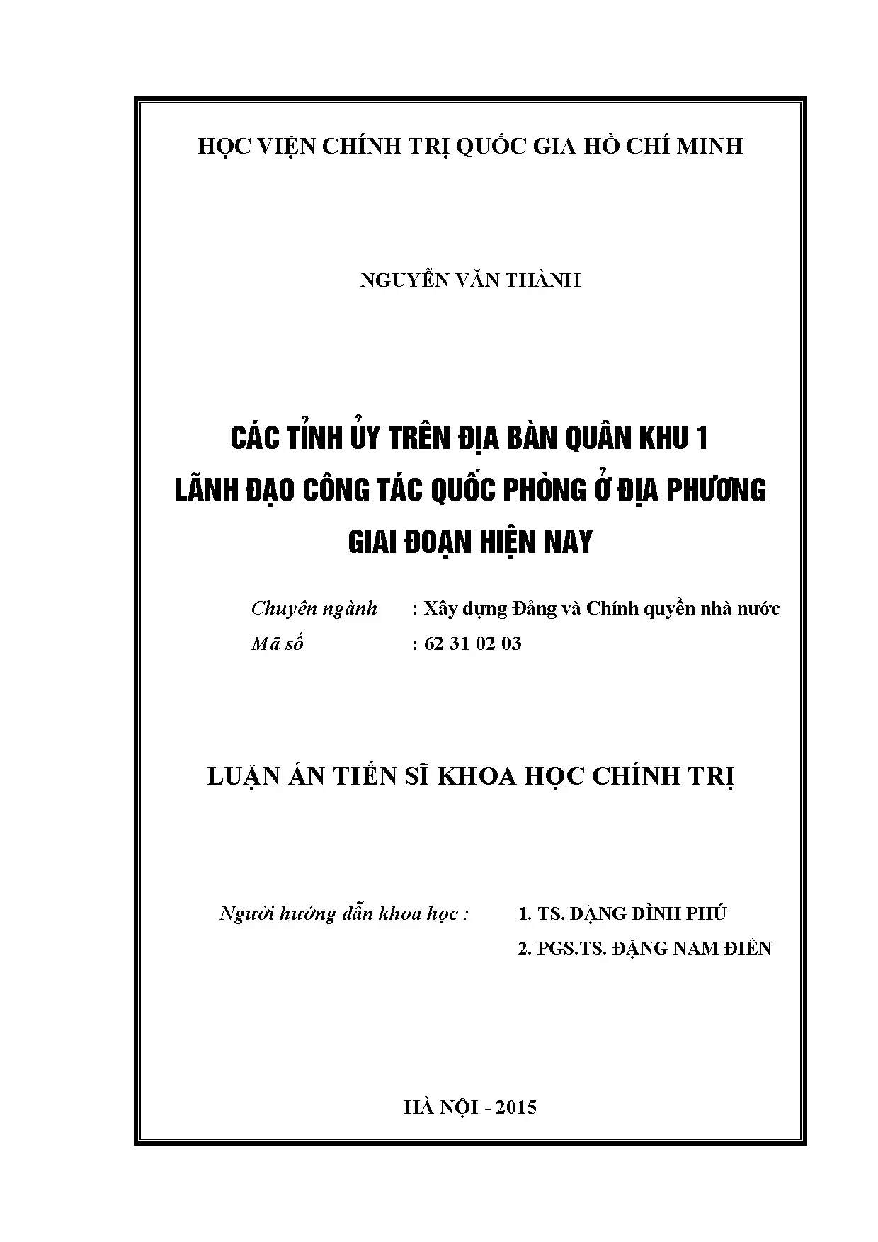 Luận án tiến sĩ các tỉnh ủy trên địa bàn quân khu 1 lãnh đạo