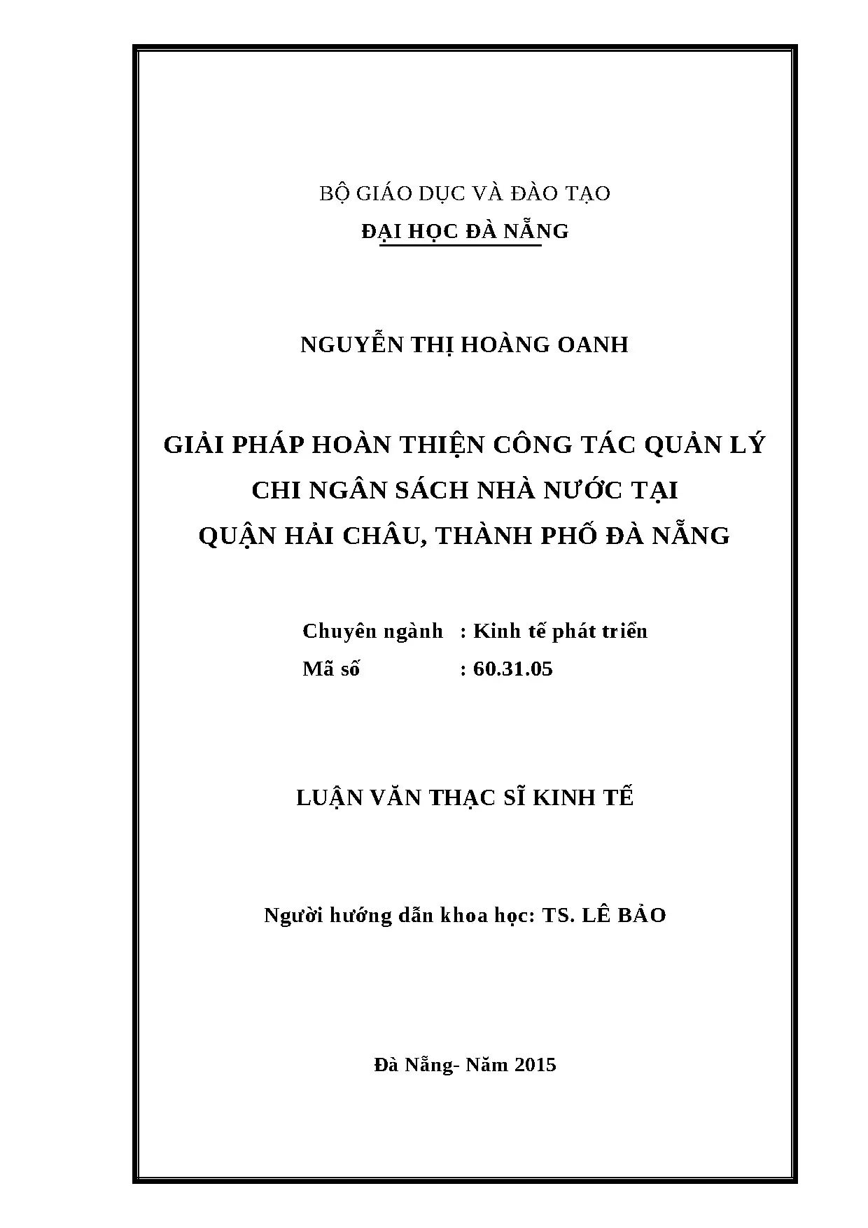 Hoàn thiện quản lý chi ngân sách nhà nước tại quận Hải Châu