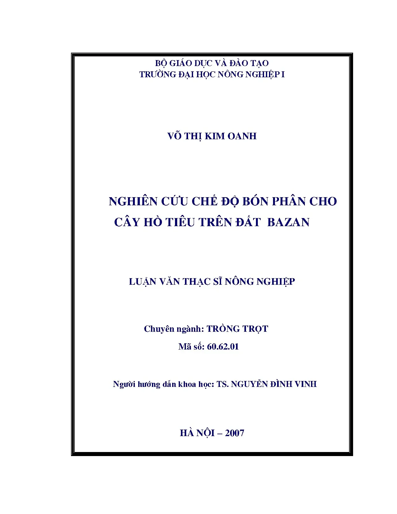 Luận án nghiên cứu chế độ bón phân cho cây hồ tiêu trên đất