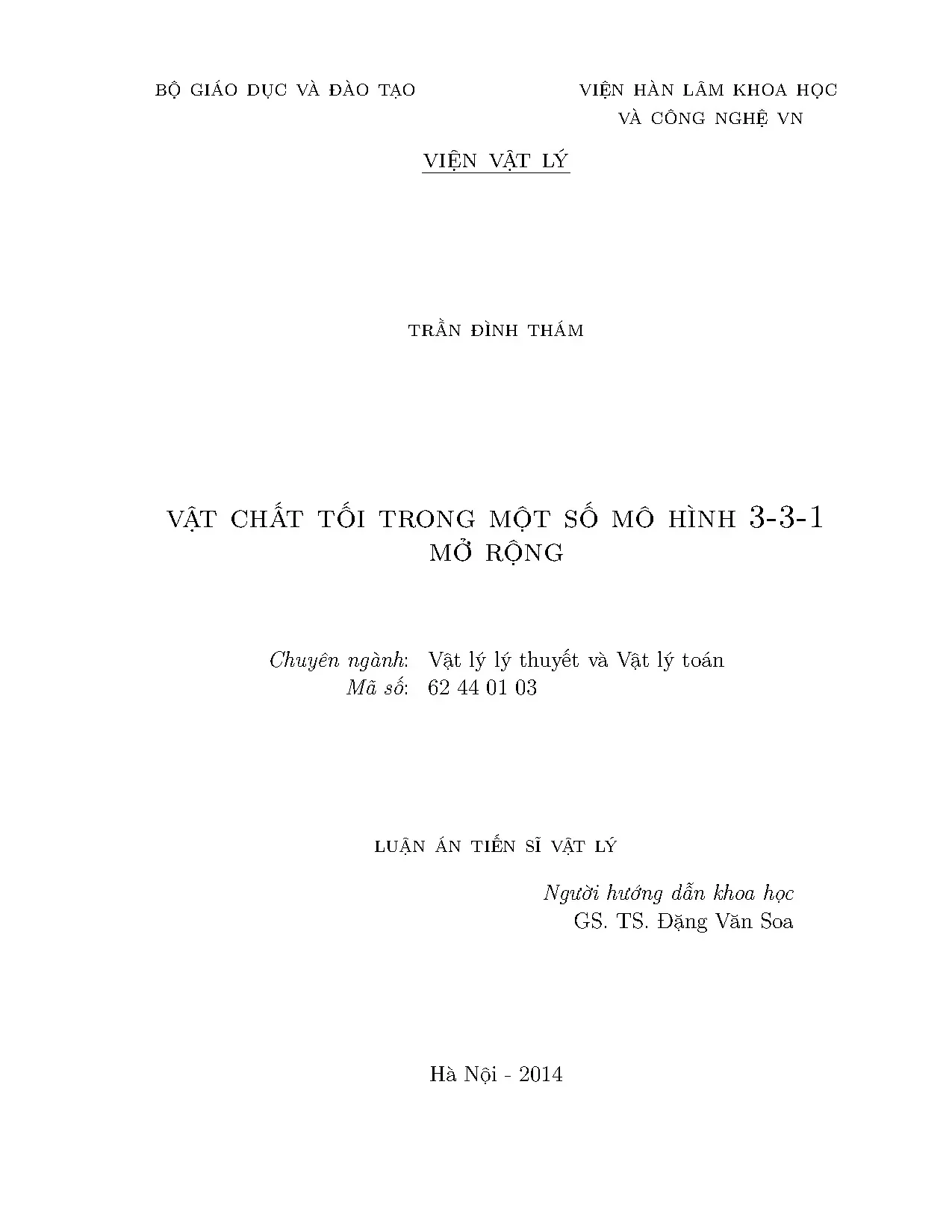 Vật chất tối: Mô hình 3-3-1 mở rộng - Luận án TS Vật lý