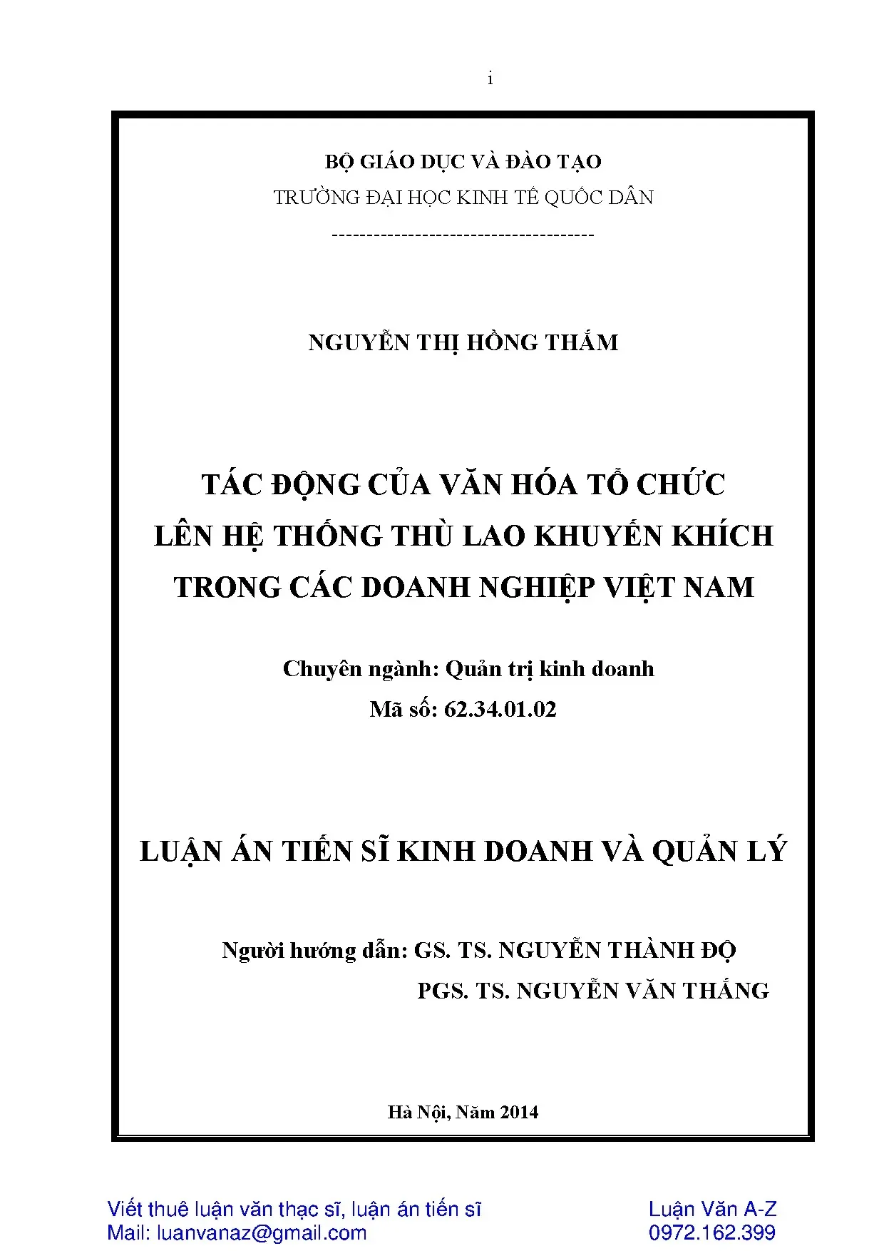 Luận án tác động của văn hóa tổ chức lên hệ thống thù lao kh