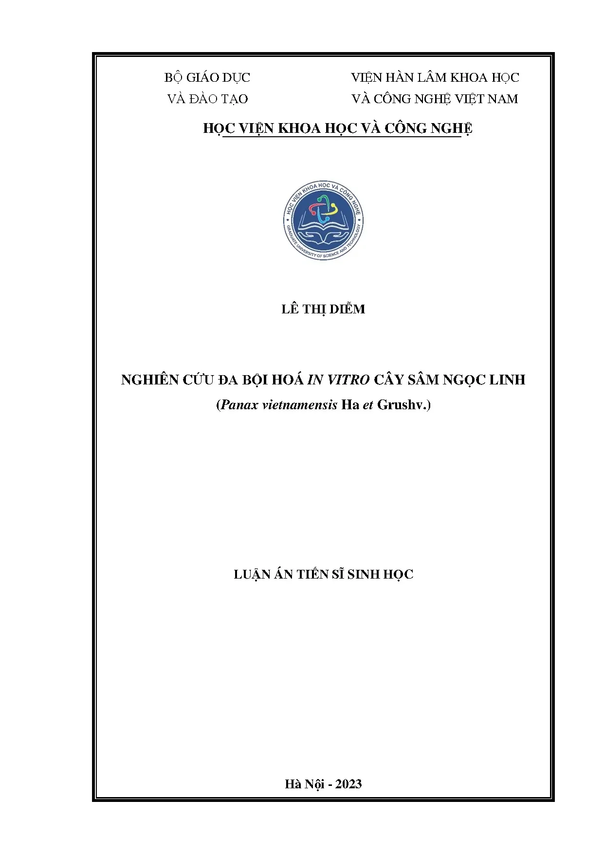 Đa bội hóa in vitro Sâm Ngọc Linh: Luận án TS Sinh học