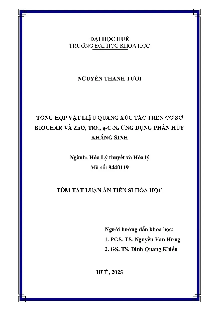 Vật liệu Quang Xúc Tác Biochar, ZnO, TiO2, g-C3N4 Phân Hủy Kháng Sinh